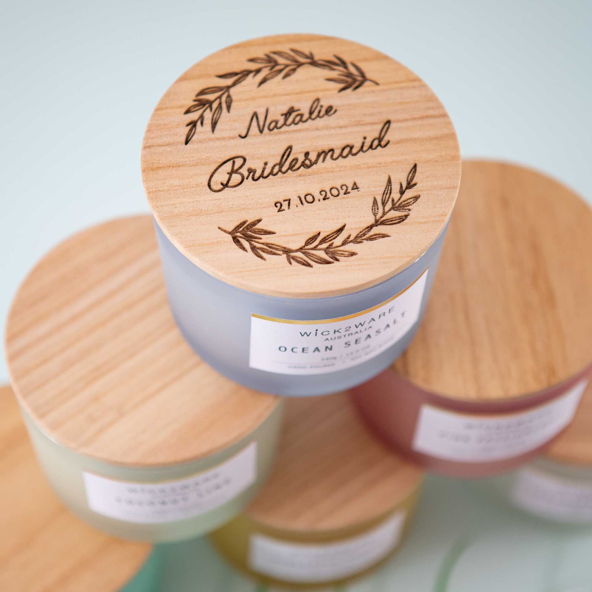 Bridesmaid Gift Box Ideas, Personalised soy candle with wooden lid Custom - Personalised wedding gift - Younique Gifts Melbourne