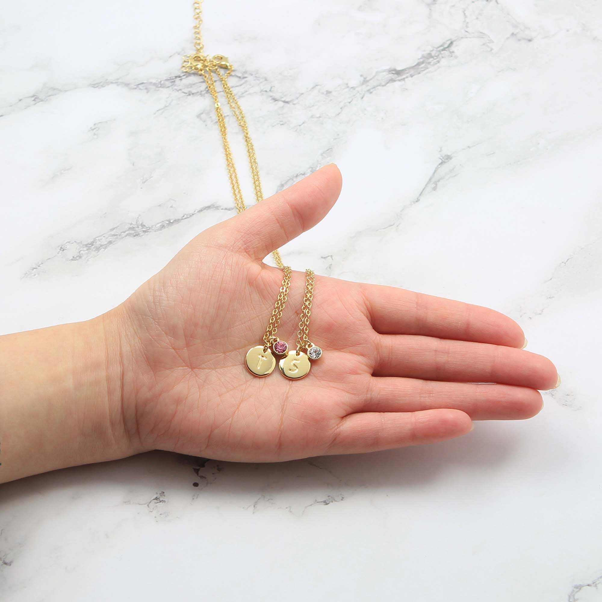 Personalized Initial Birthstone Necklace, Gold Plated Disk