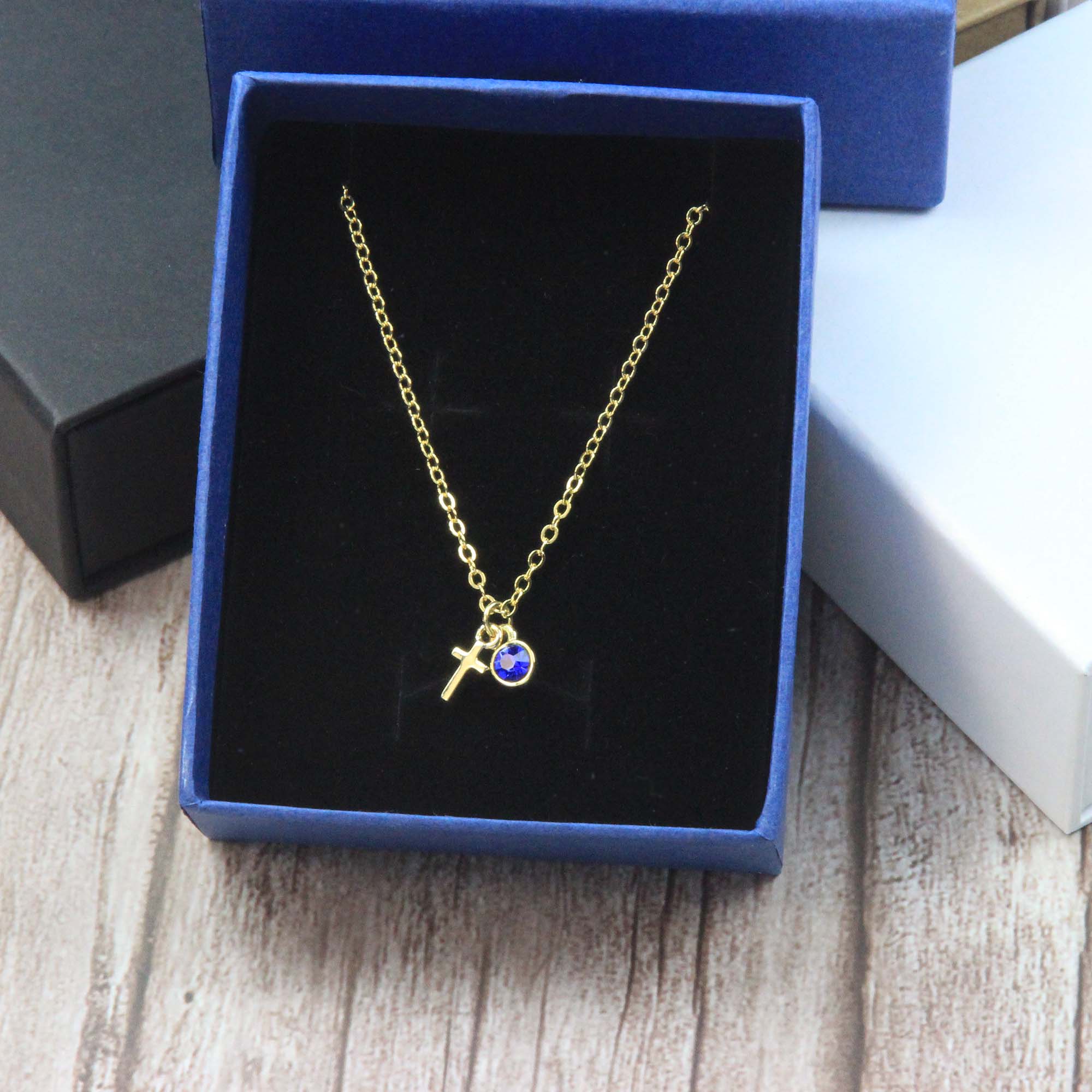 Personalized Cross Necklace – Birthstone Christening Gift