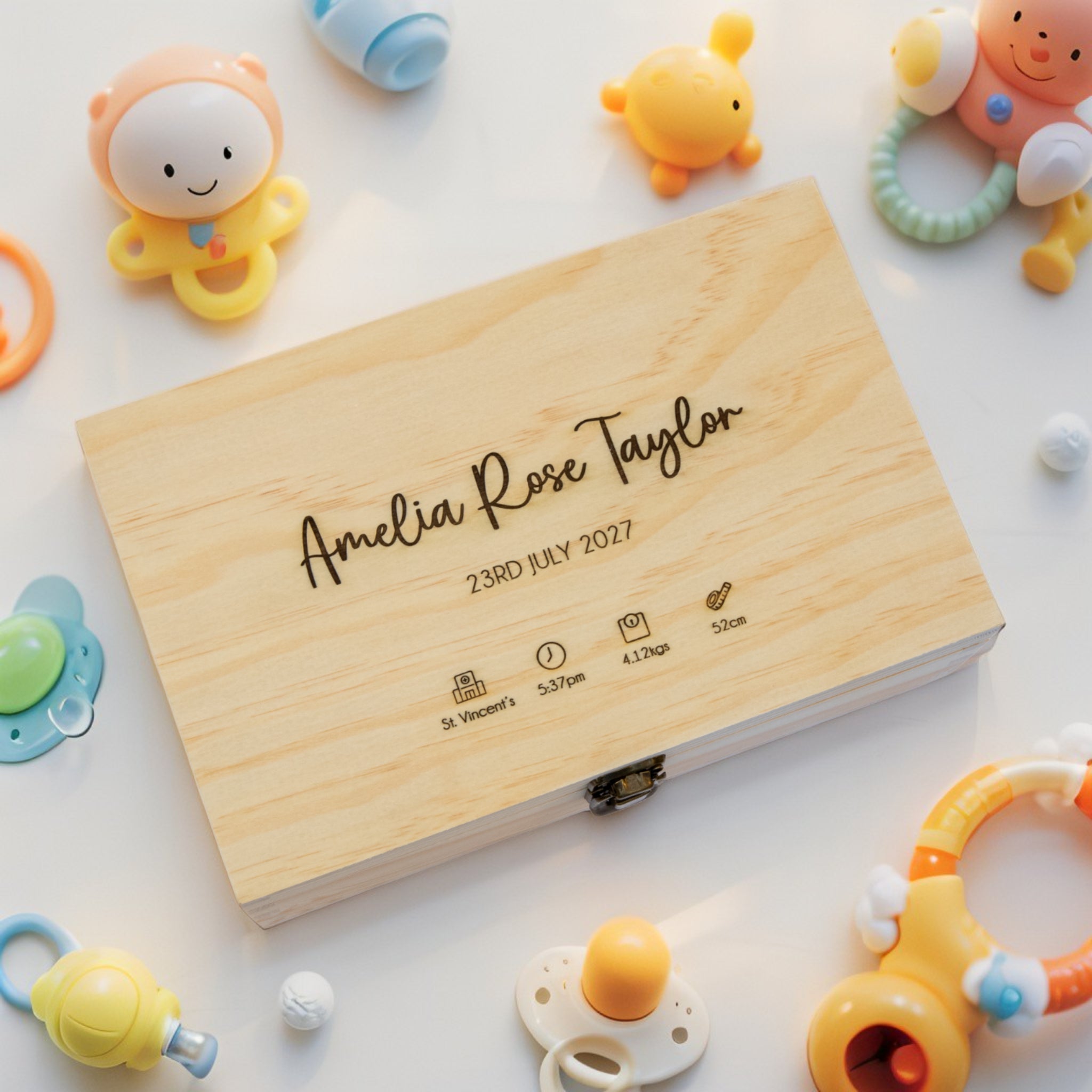 Personalized Wooden Baby Keepsake Box, Laser Engraved