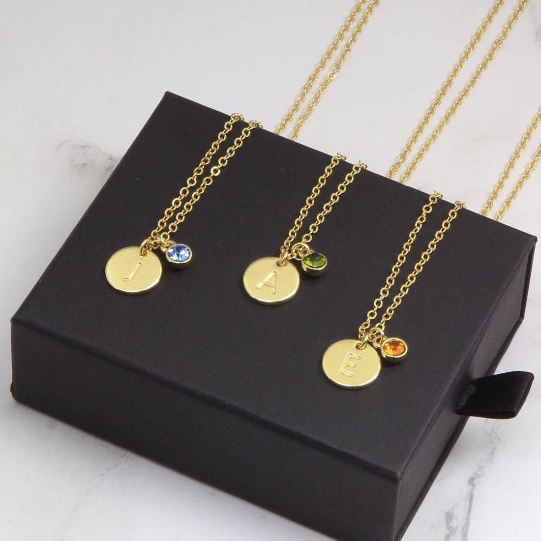 Personalised Initial Birthstone Necklace, Gold Plated Disk