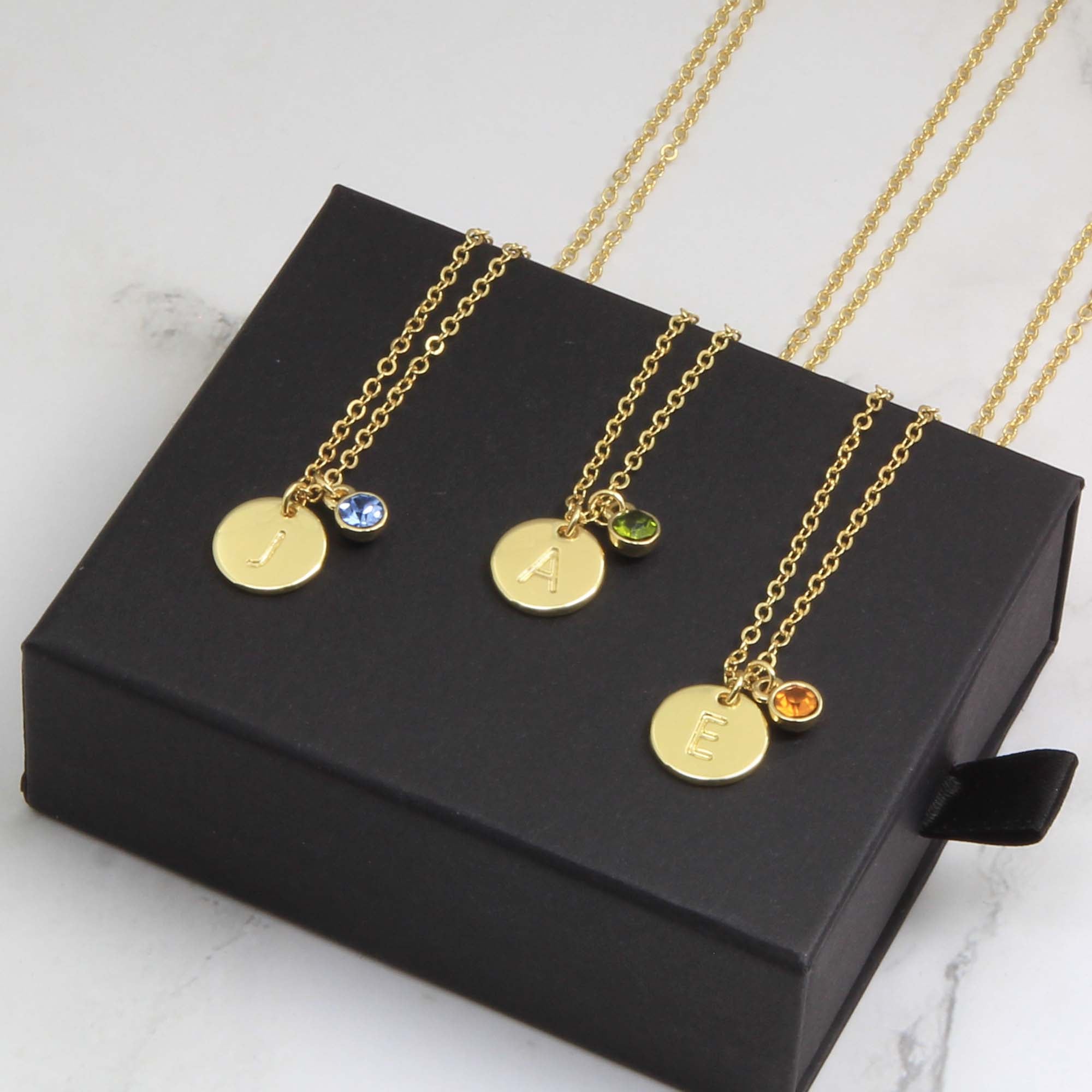Personalized Initial Birthstone Necklace, Gold Plated Disk