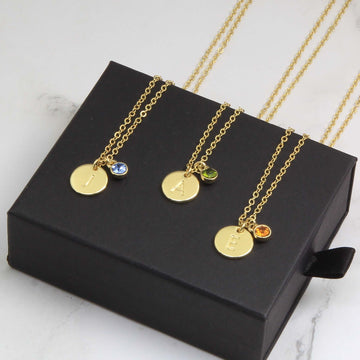Personalized Initial Birthstone Necklace, Gold Plated Disk