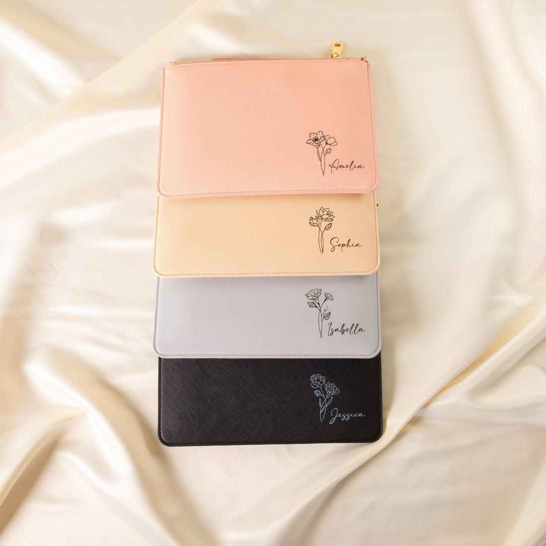 Personalised Clutch Bag with Engraved Birth Flower - Personalised pouch - Younique Gifts Melbourne