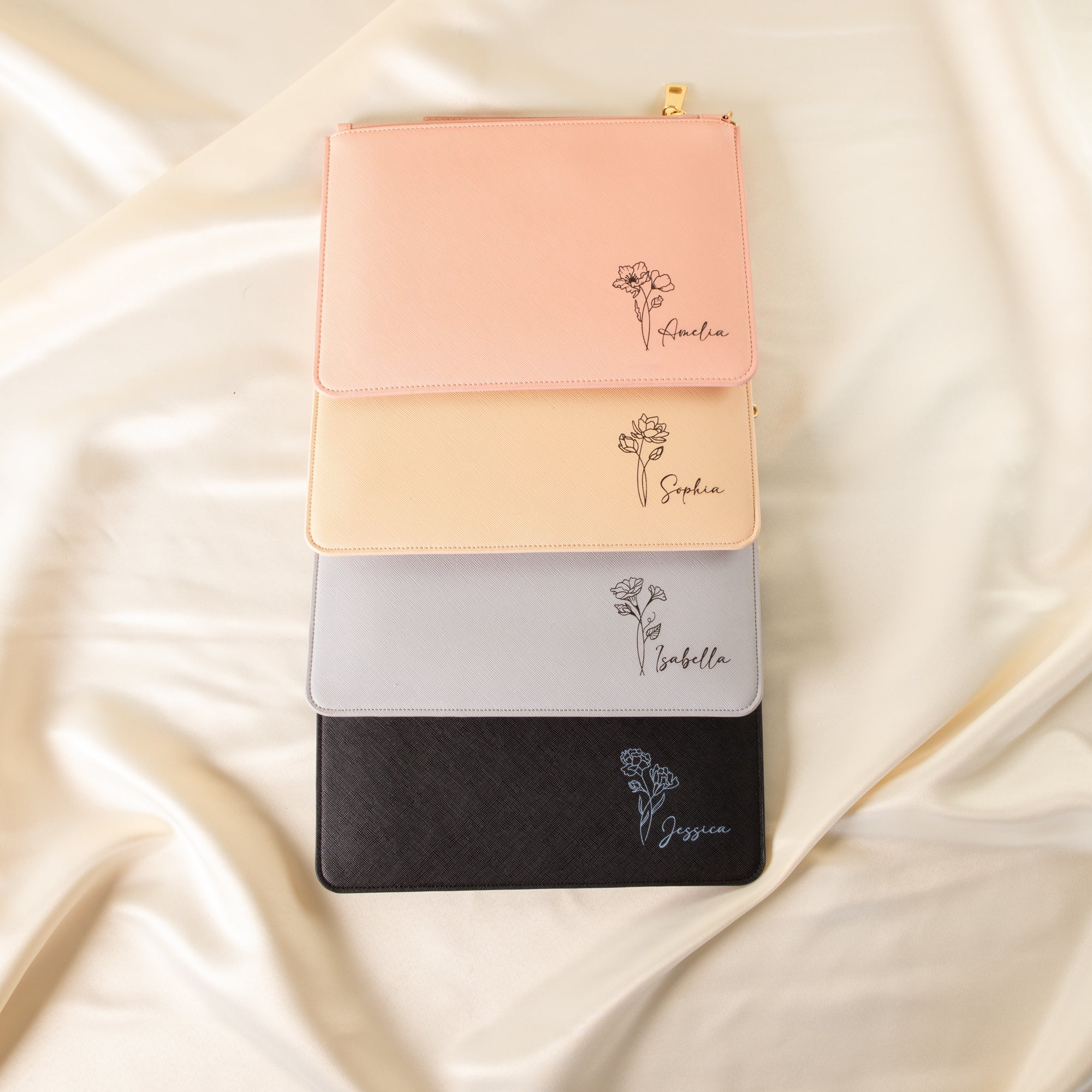 Personalised Clutch Bag with Engraved Birth Flower - Personalised pouch - Younique Gifts Melbourne