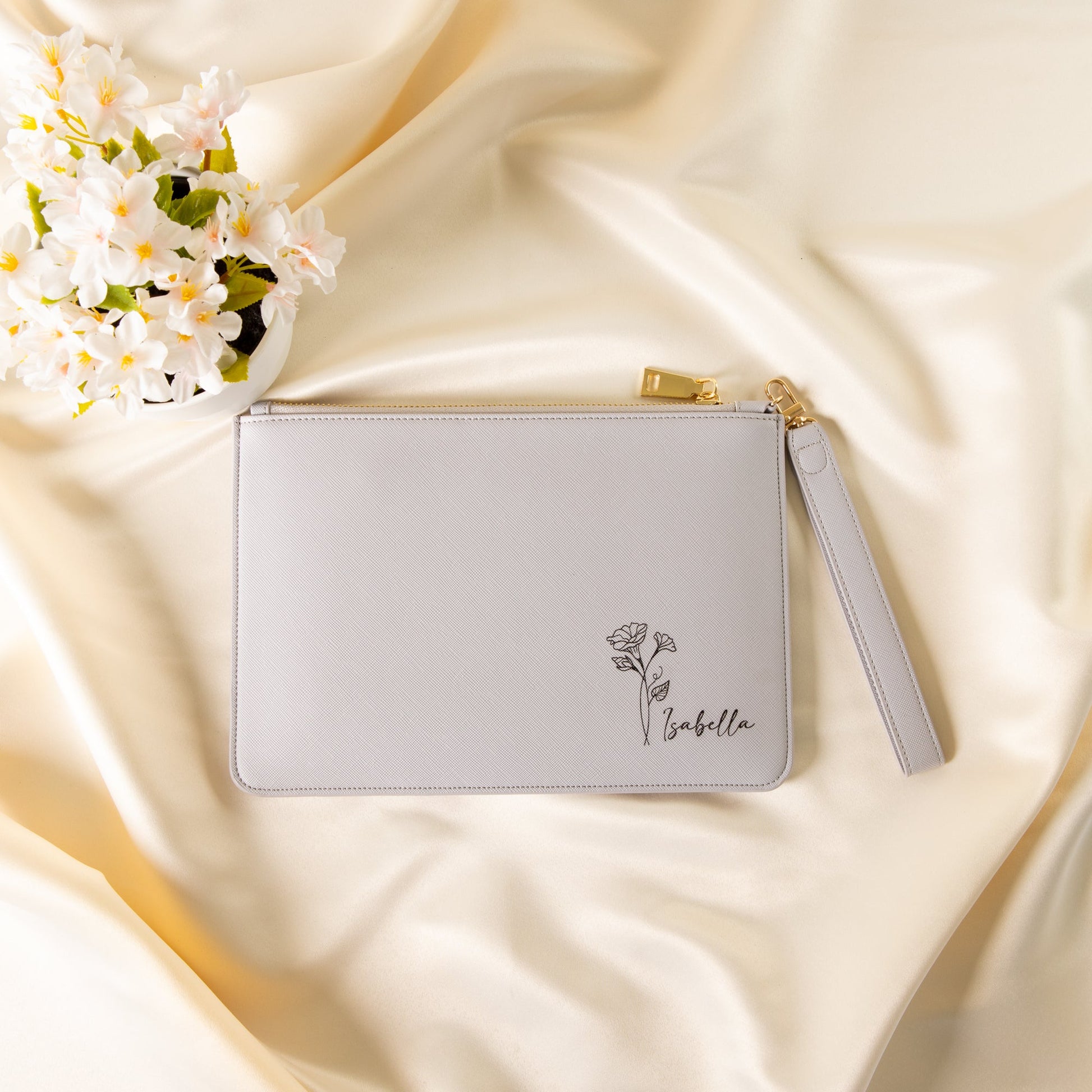 Personalised Clutch Bag with Engraved Birth Flower - Personalised pouch - Younique Gifts Melbourne