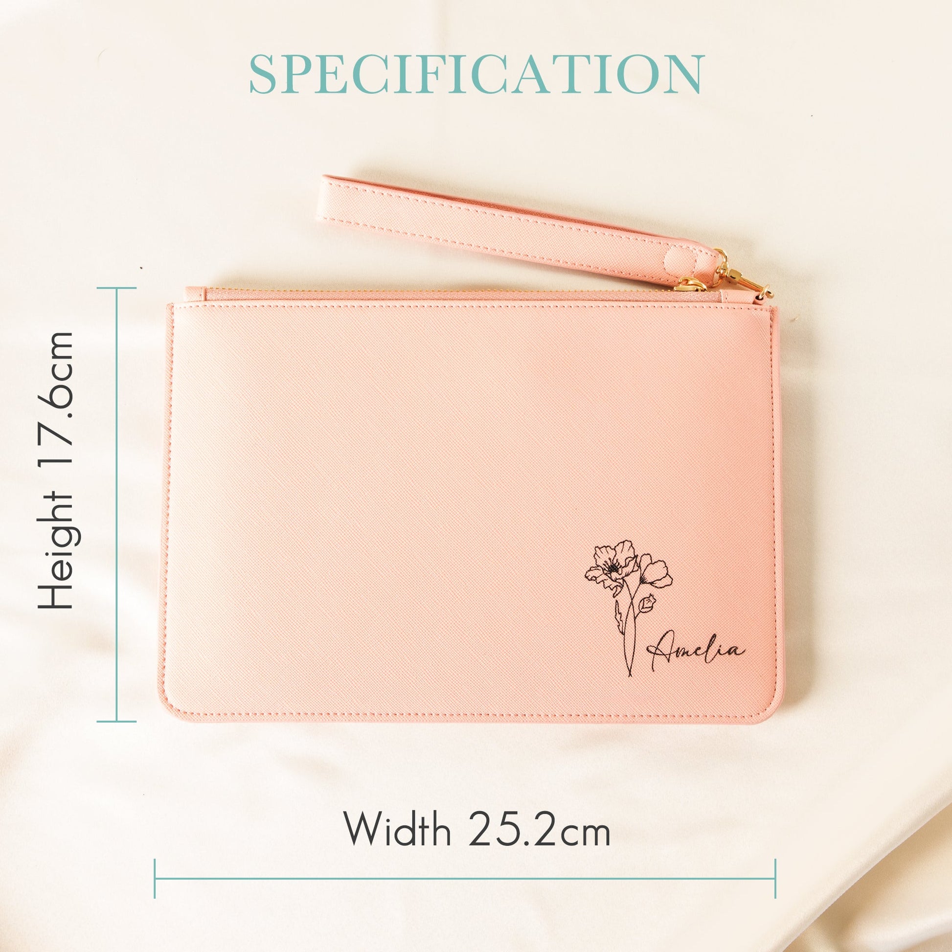 Personalised Clutch Bag with Engraved Birth Flower - Personalised pouch - Younique Gifts Melbourne