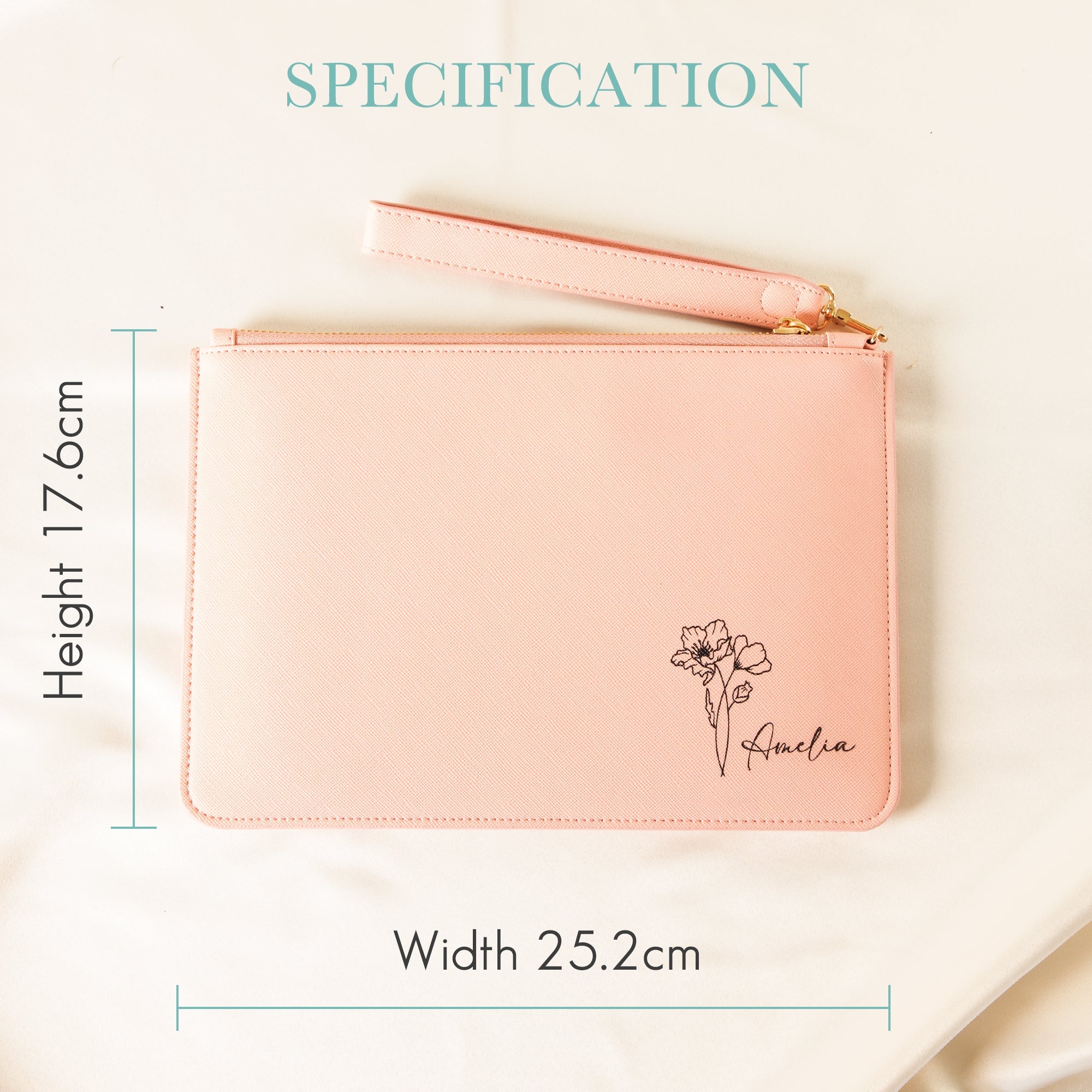 Personalised Clutch Bag with Engraved Birth Flower - Personalised pouch - Younique Gifts Melbourne