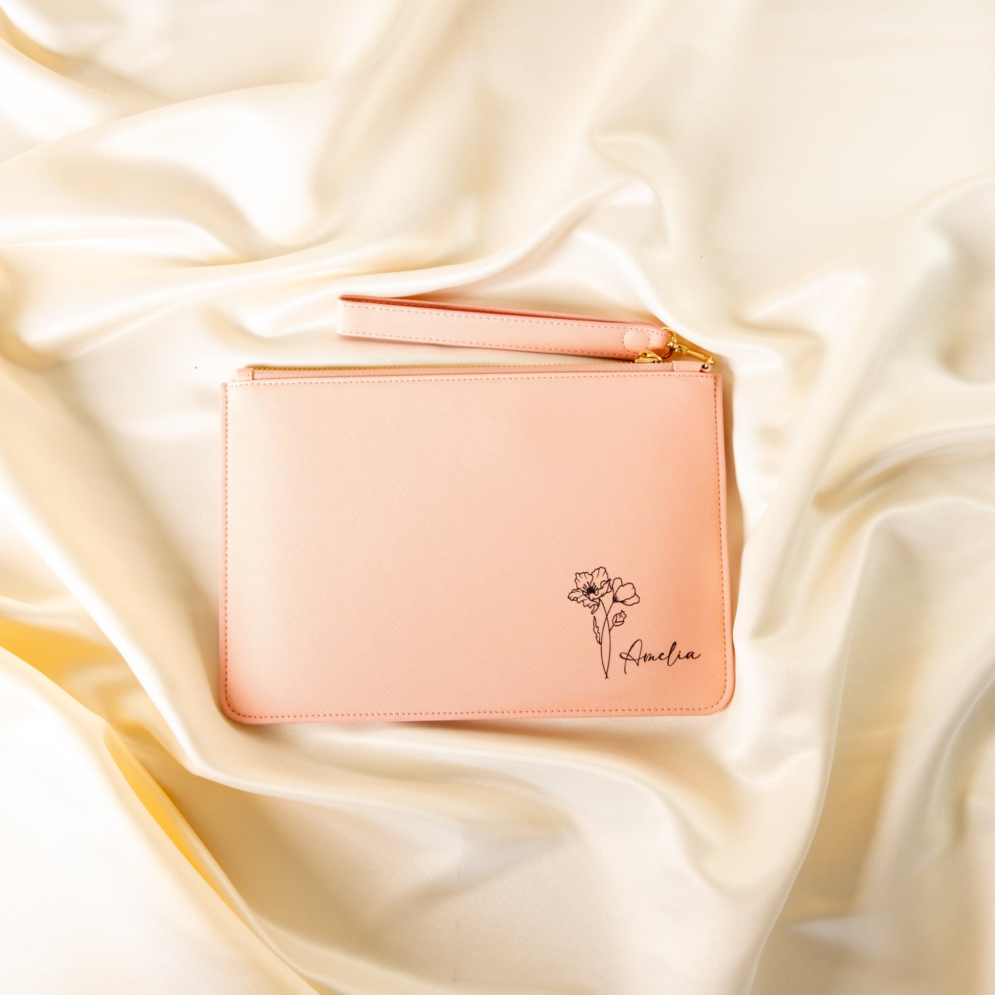 Personalised Clutch Bag with Engraved Birth Flower - Personalised pouch - Younique Gifts Melbourne