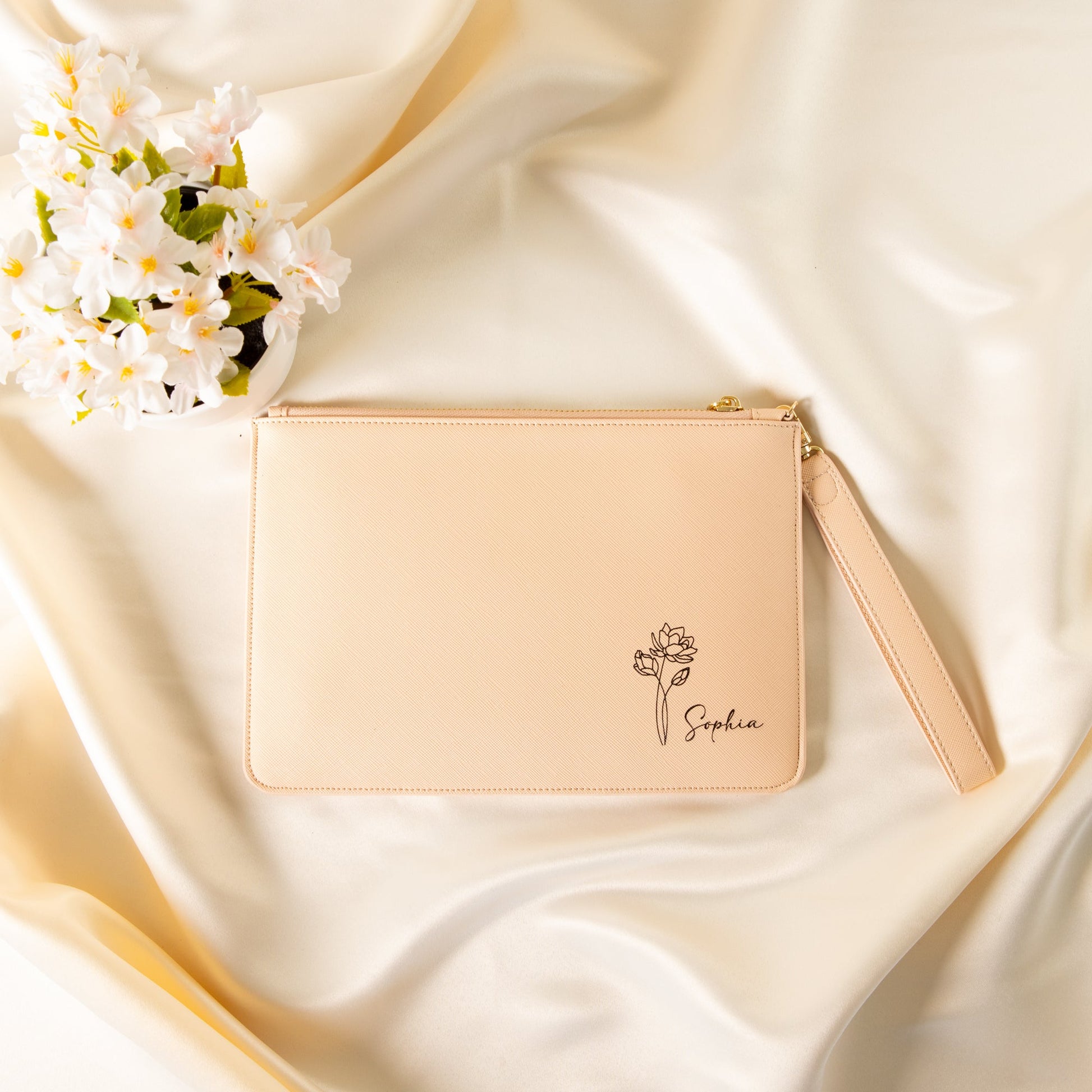 Personalised Clutch Bag with Engraved Birth Flower - Personalised pouch - Younique Gifts Melbourne