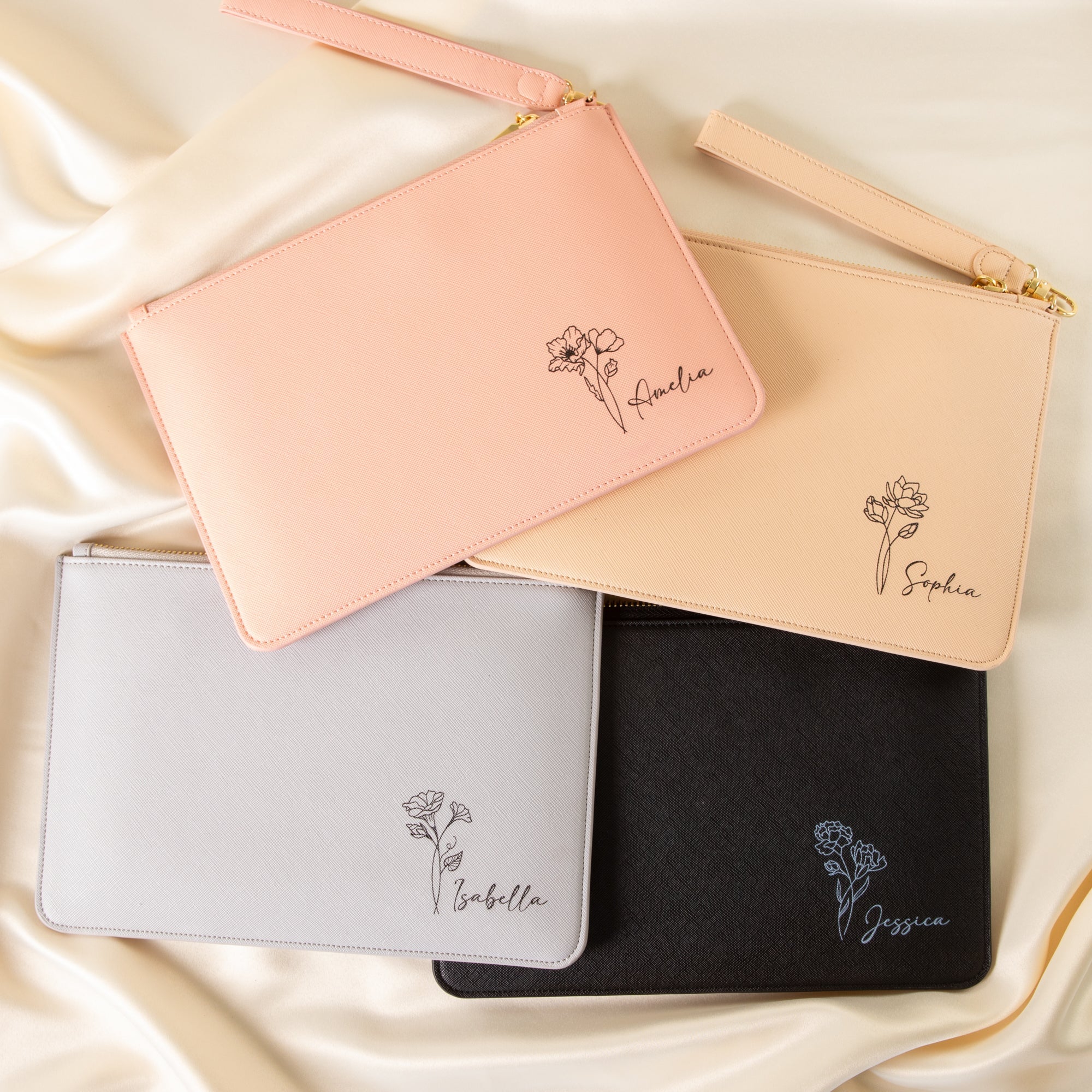 Personalised Clutch Bag with Engraved Birth Flower - Personalised pouch - Younique Gifts Melbourne