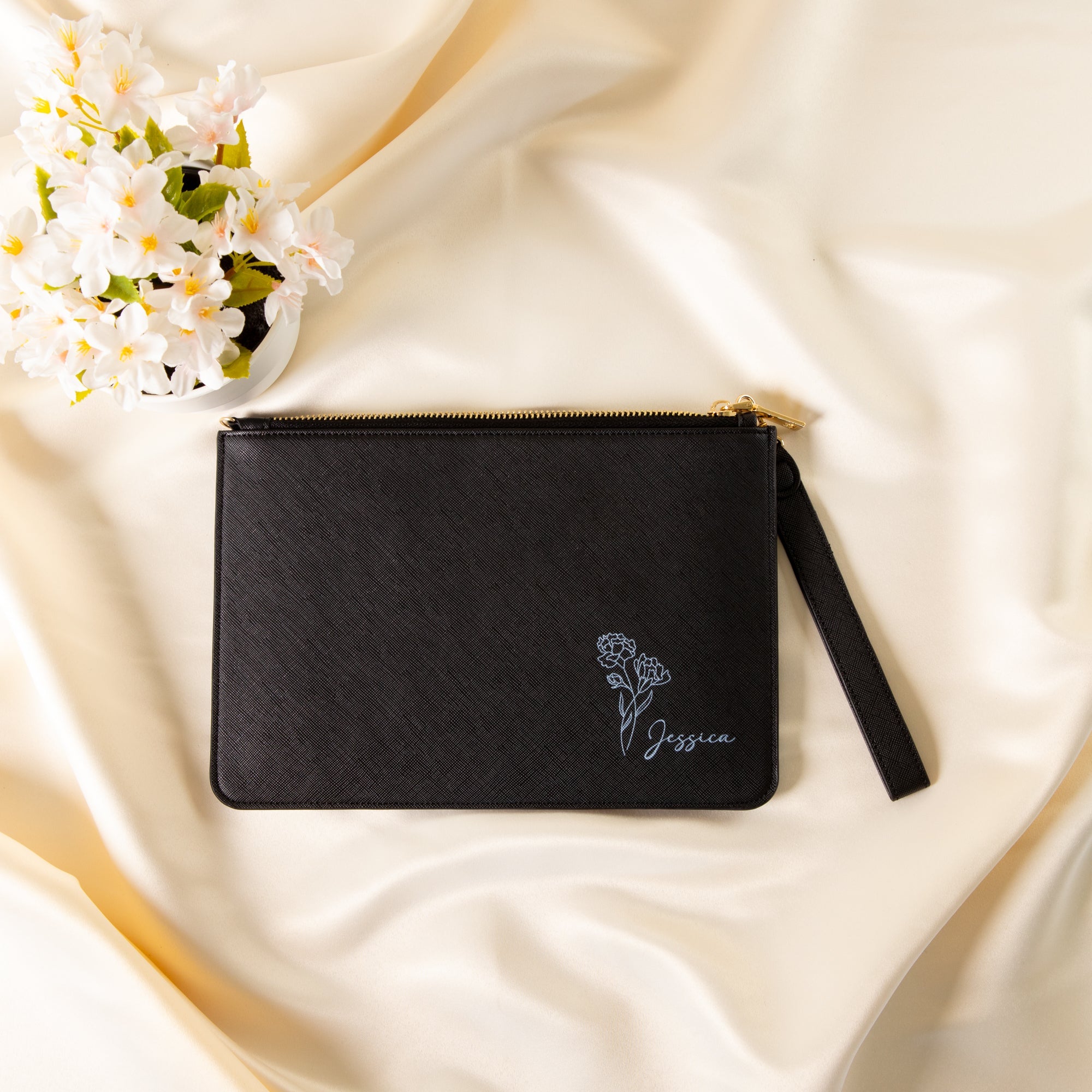 Personalised Clutch Bag with Engraved Birth Flower - Personalised pouch - Younique Gifts Melbourne