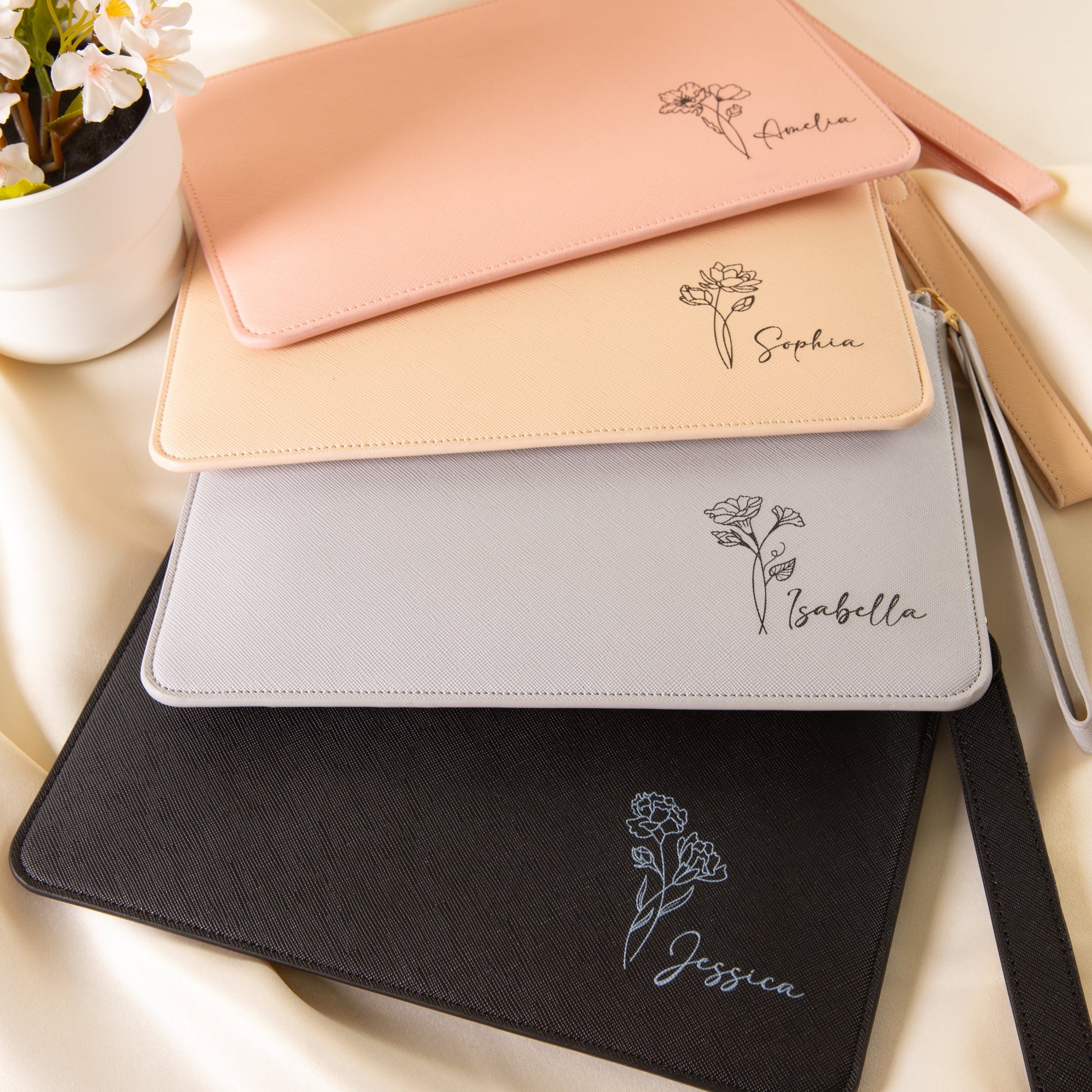 Personalised Clutch Bag with Engraved Birth Flower - Personalised pouch - Younique Gifts Melbourne