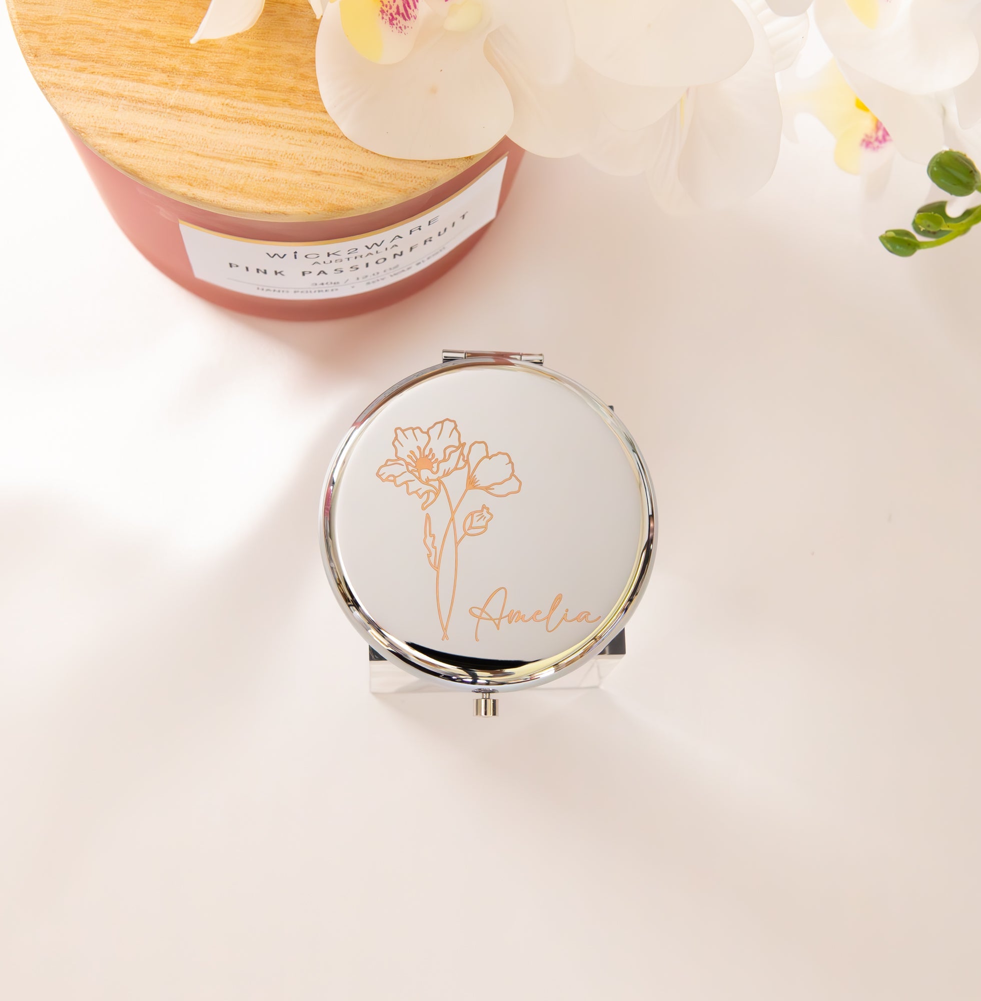 Personalised Compact Mirror with Engraved Birth Flower and Custom Name - Personalised mirror - Younique Gifts Melbourne