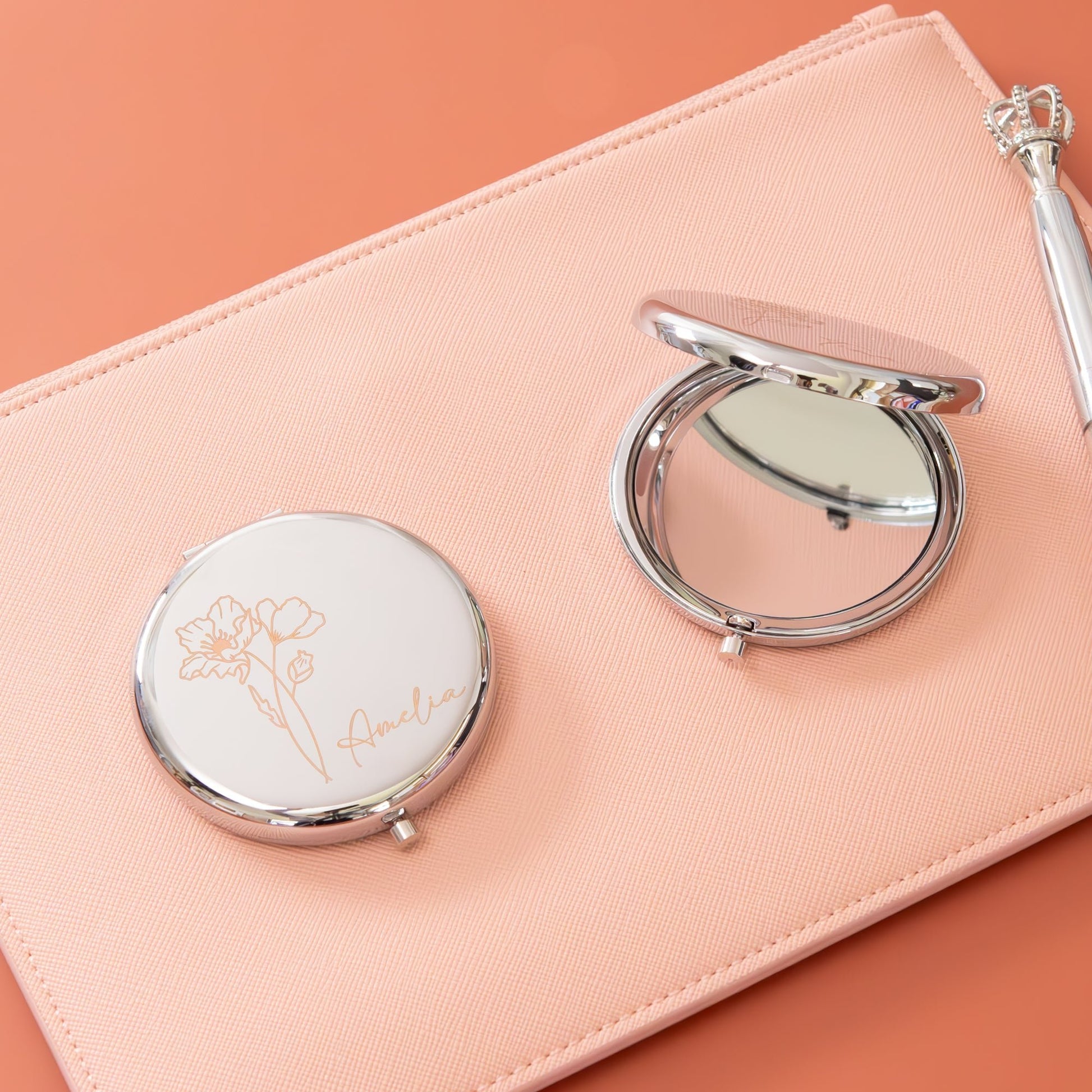Personalised Compact Mirror with Engraved Birth Flower and Custom Name - Personalised mirror - Younique Gifts Melbourne