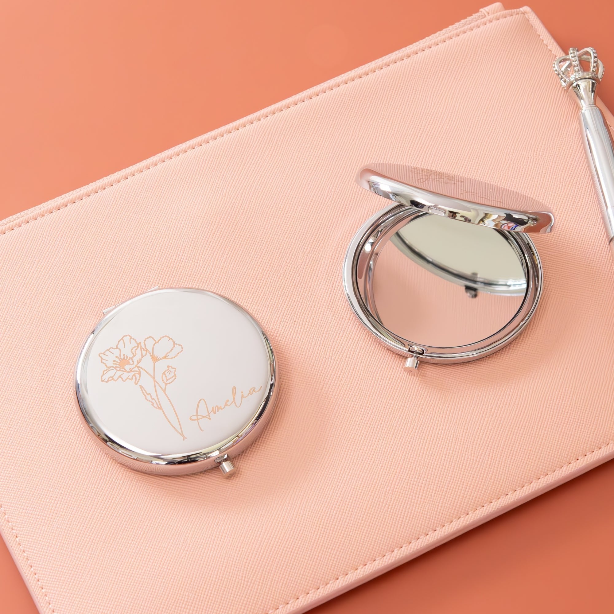 Personalised Compact Mirror with Engraved Birth Flower and Custom Name - Personalised mirror - Younique Gifts Melbourne