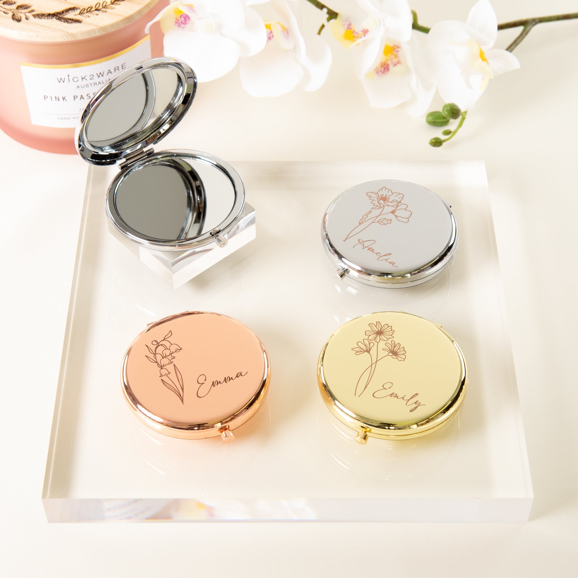 Personalised Compact Mirror with Engraved Birth Flower and Custom Name - Personalised mirror - Younique Gifts Melbourne