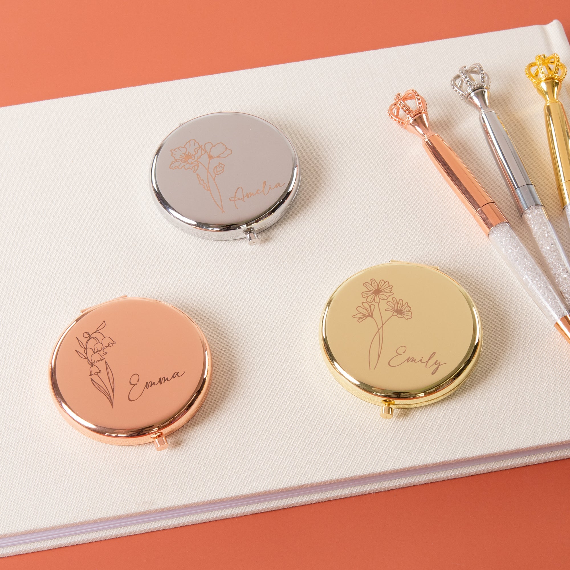 Personalised Compact Mirror with Engraved Birth Flower and Custom Name - Personalised mirror - Younique Gifts Melbourne