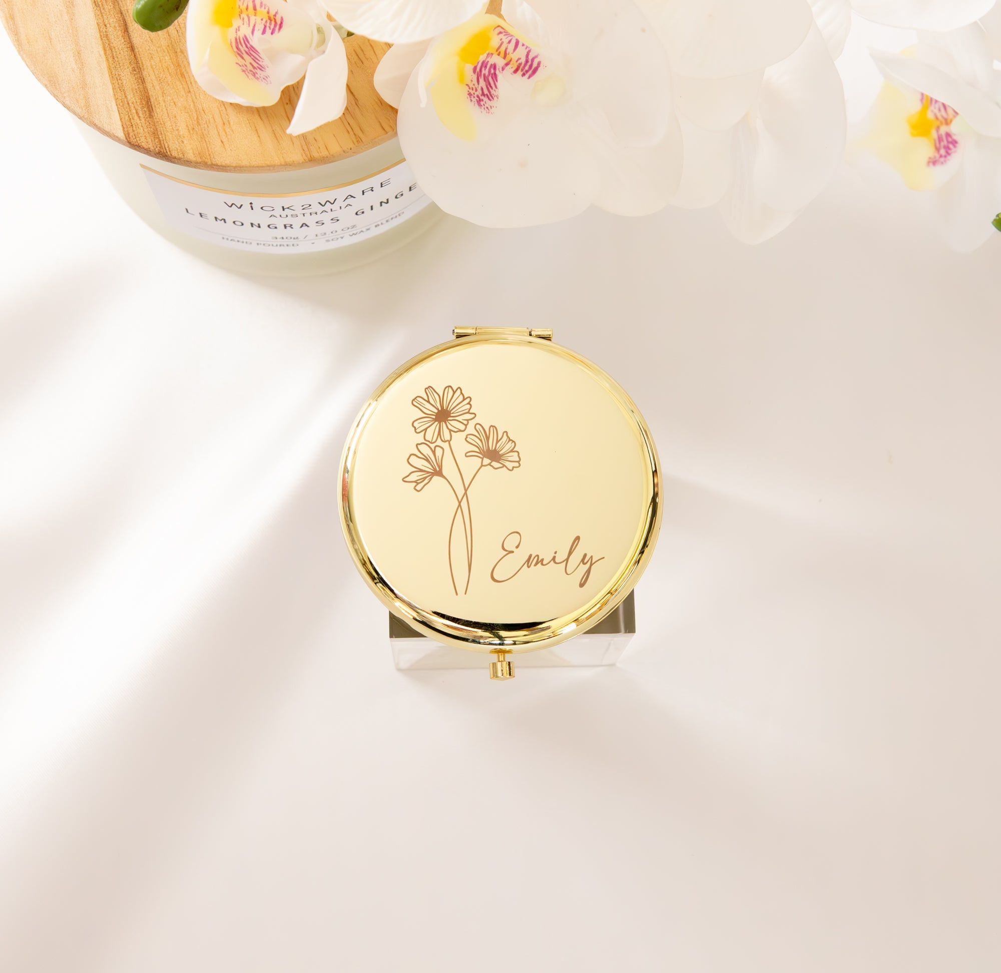 Personalised Compact Mirror with Engraved Birth Flower and Custom Name - Personalised mirror - Younique Gifts Melbourne