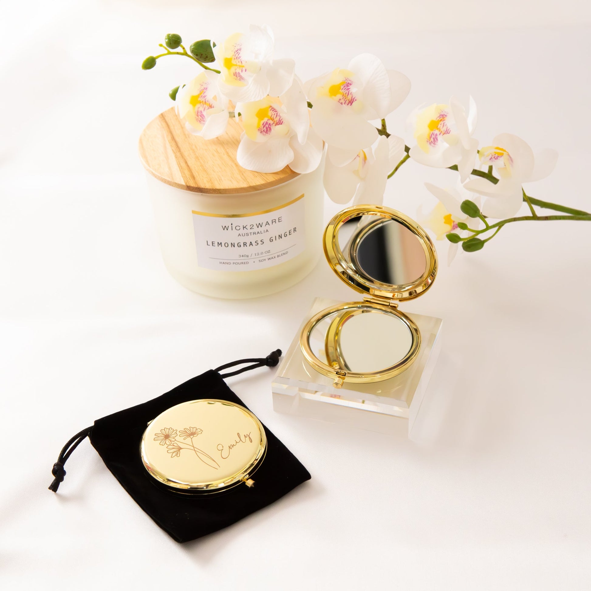 Personalised Compact Mirror with Engraved Birth Flower and Custom Name - Personalised mirror - Younique Gifts Melbourne