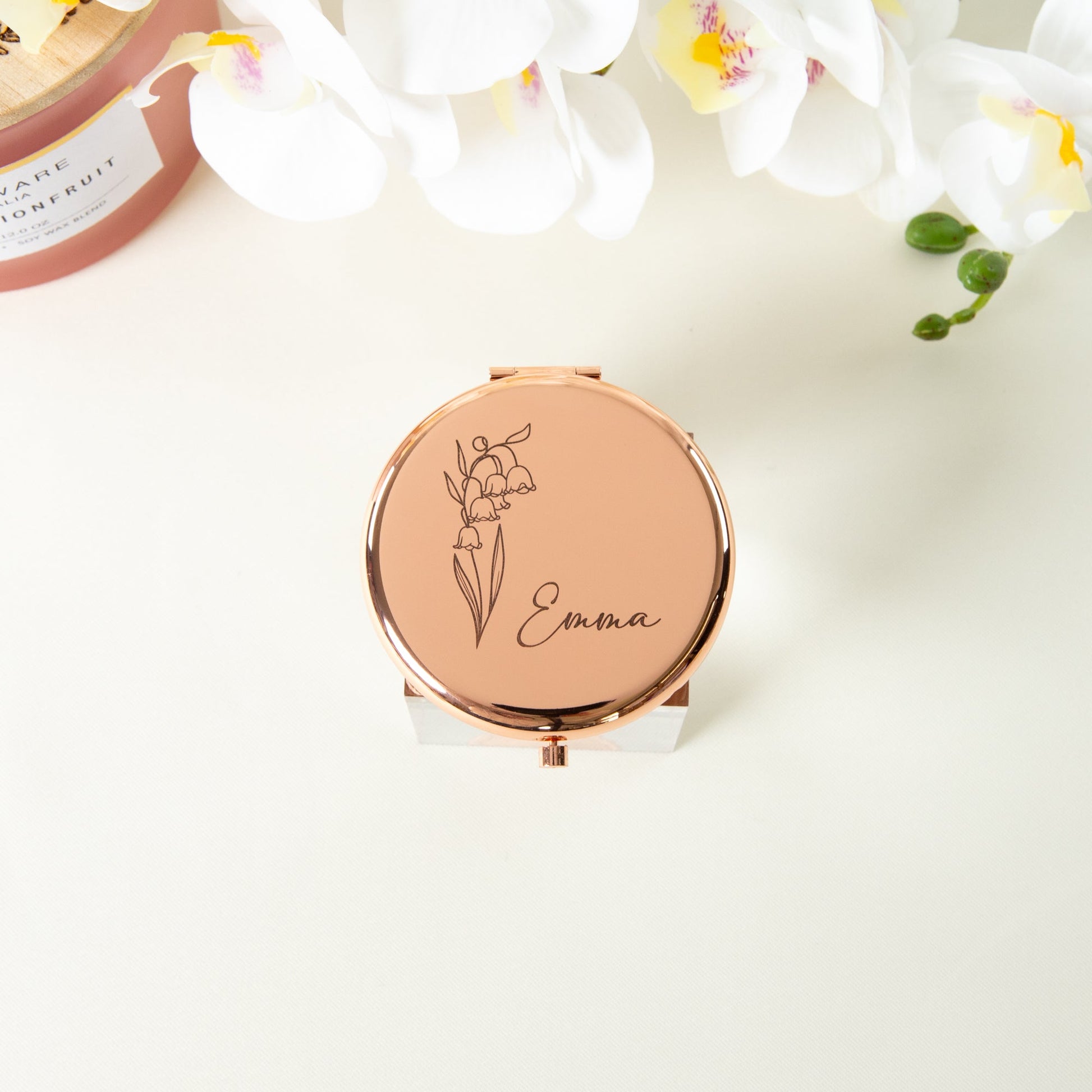 Personalised Compact Mirror with Engraved Birth Flower and Custom Name - Personalised mirror - Younique Gifts Melbourne