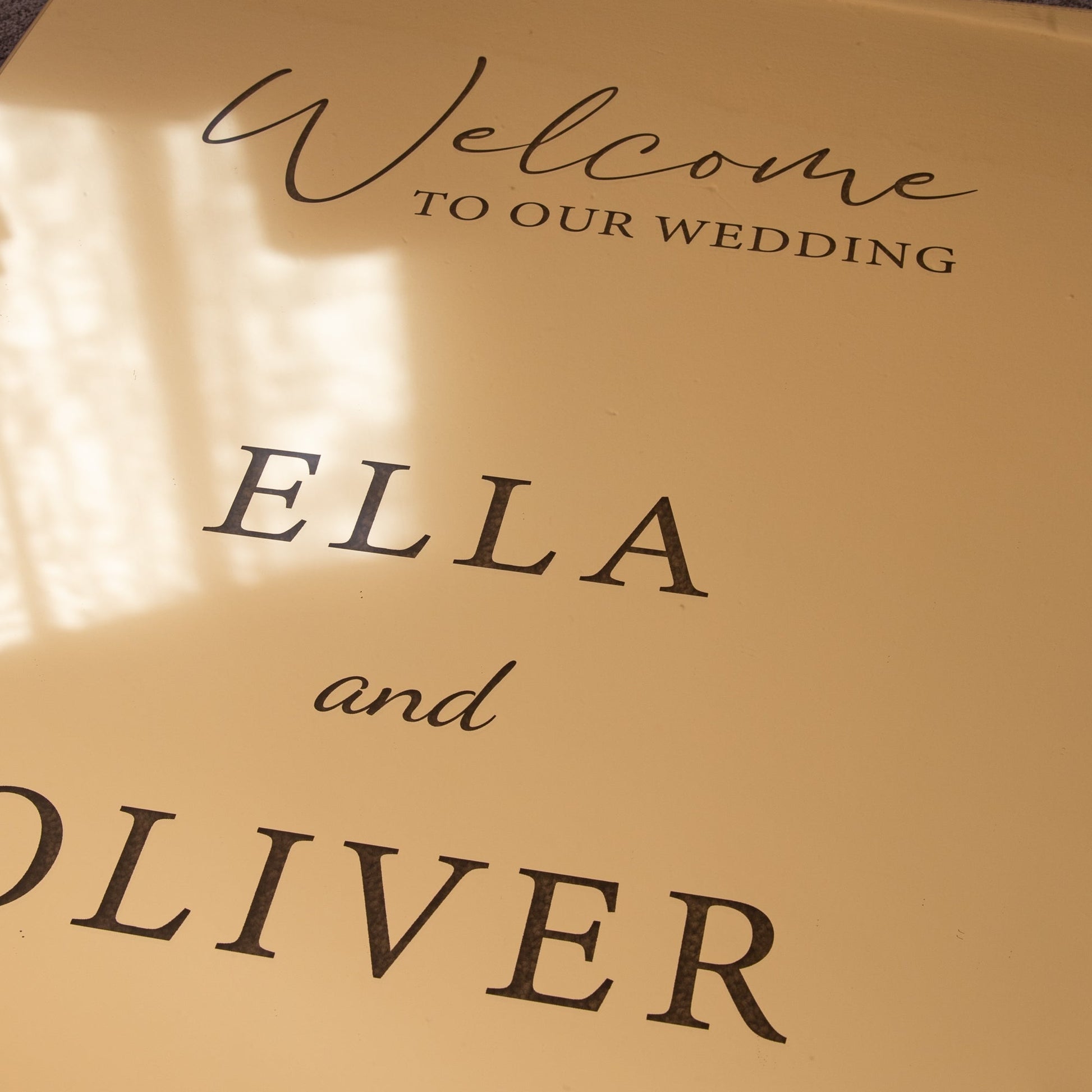 Personalised Gold Mirror Acrylic Wedding Sign with Laser Etched Details - Younique Gifts
