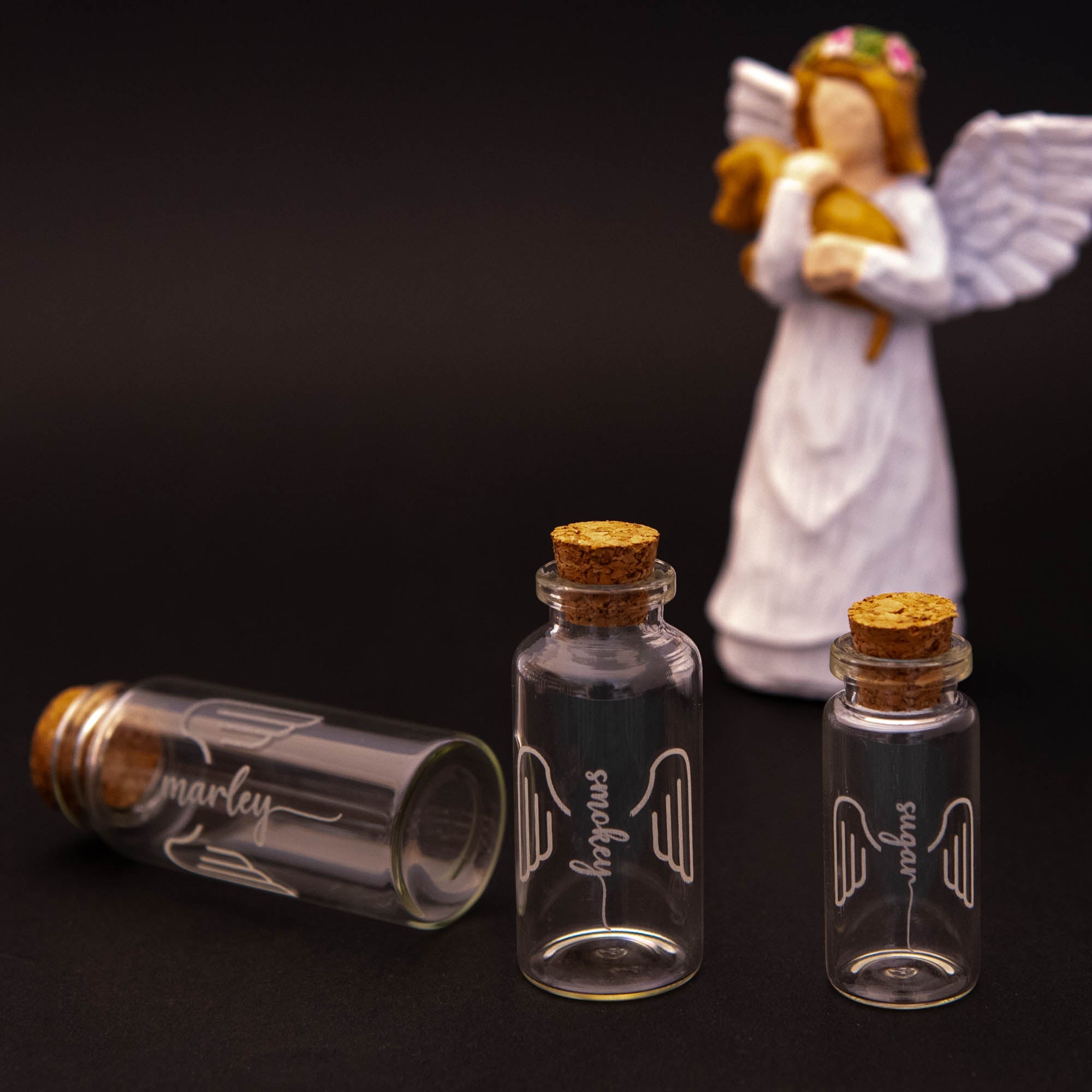 Personalised Memorial Glass Bottle with Cork – Laser Engraved Dog Name & Wings - Younique Gifts