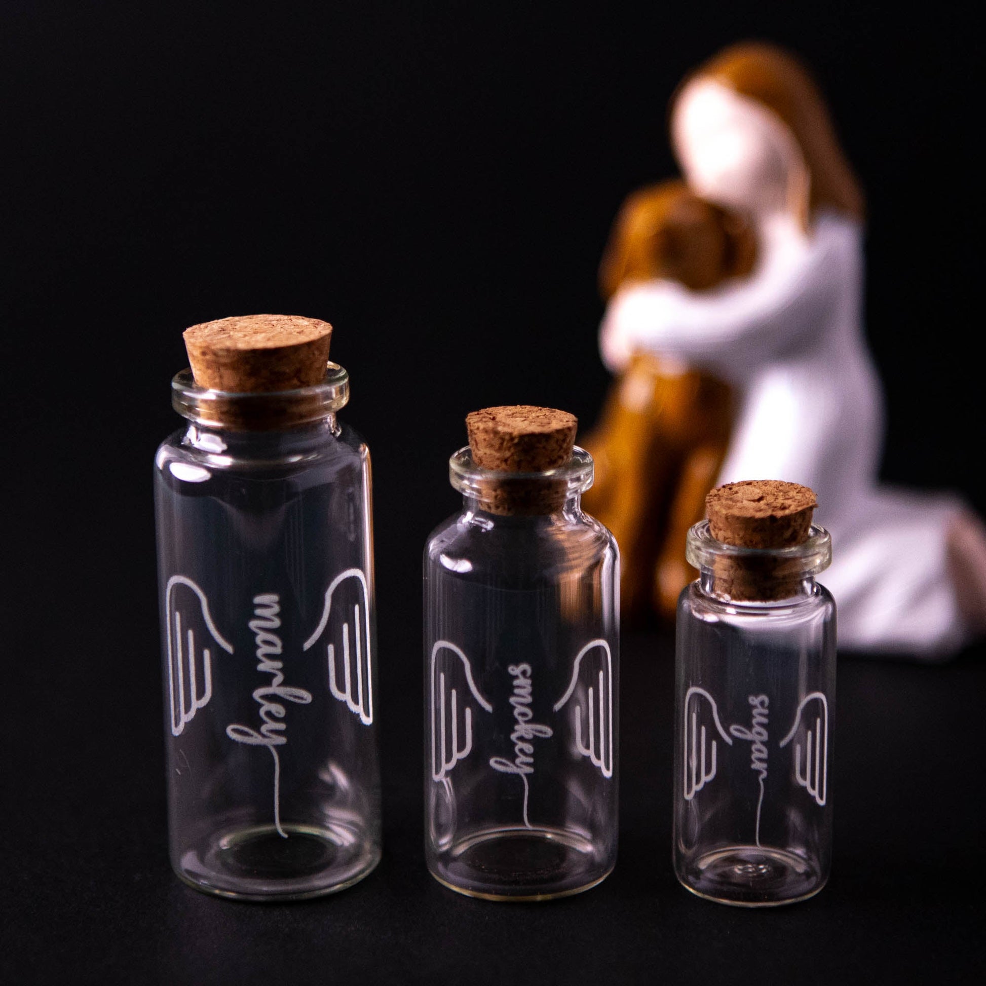 Personalised Memorial Glass Bottle with Cork – Laser Engraved Dog Name & Wings - Younique Gifts