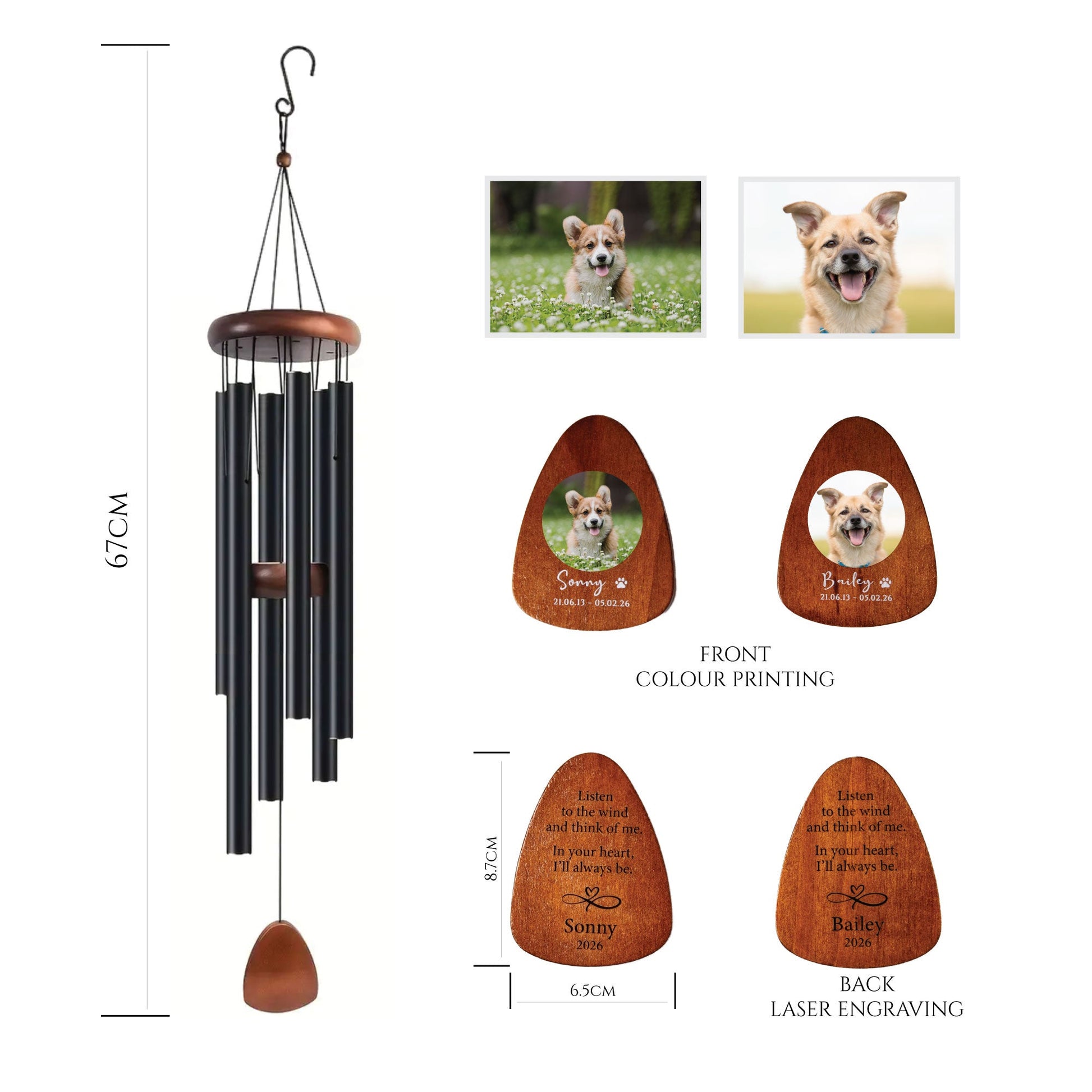 Personalised Pet Loss Gift, Custom Memorial Wind Chime with a photo - Younique Gifts