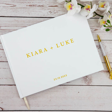 Personalised Wedding Guest Book, Gold Texts in White Hard Cover - Personalised Guest book - Younique Gifts Melbourne