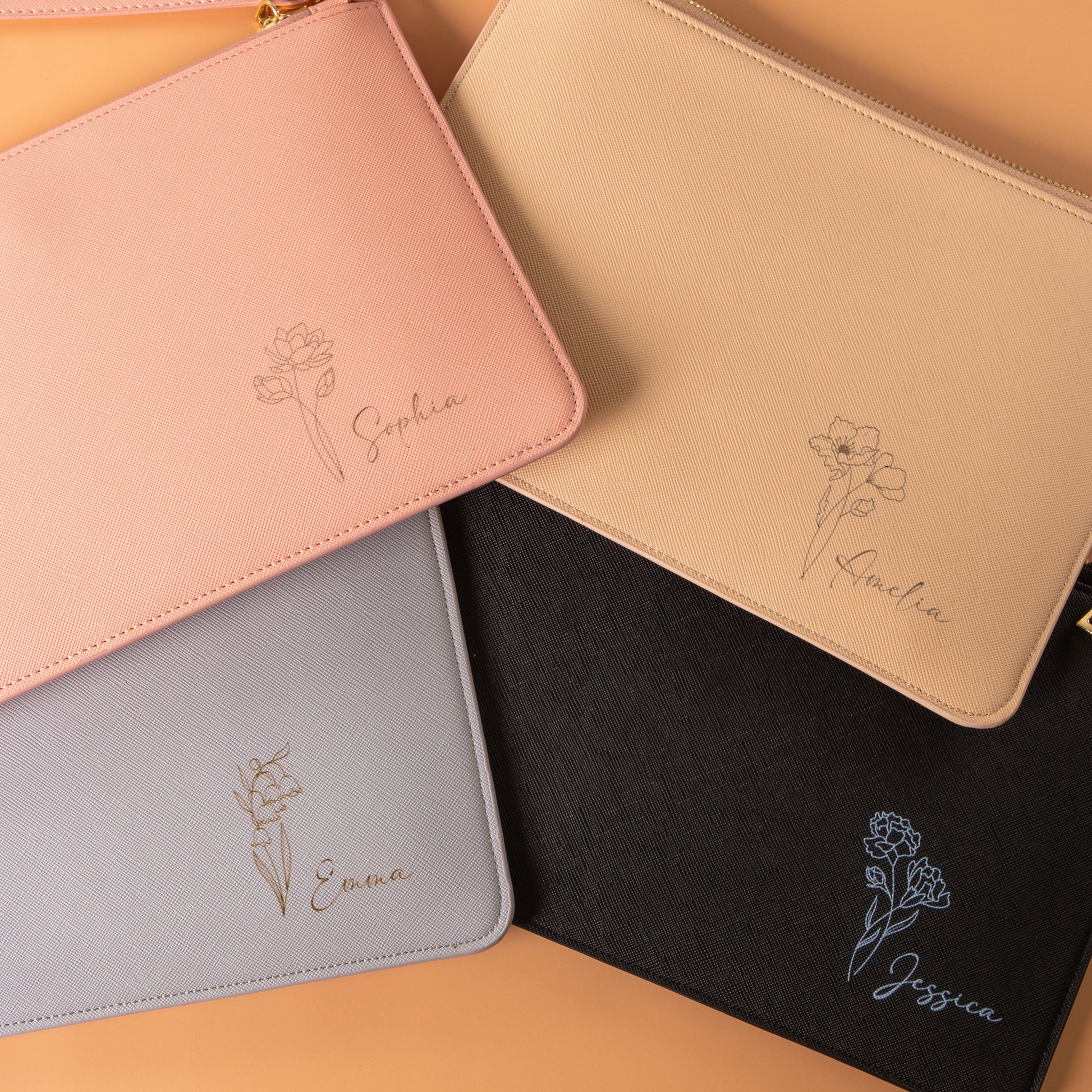 Personalised Clutch Bag with Engraved Birth Flower, Custom Bridesmaid