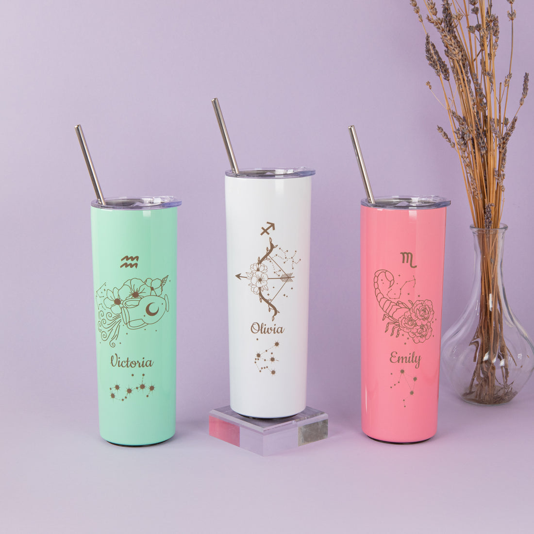 Zodiac Signs Tumbler, Personalised gift for Bridesmaid and Birthday, Customised presents for her, Water Bottle with straw, Bridal Party Gift