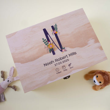 Personalized Wooden Baby Keepsake Box, Floral Initial - Personalised Keepsake Box - Younique Gifts Melbourne