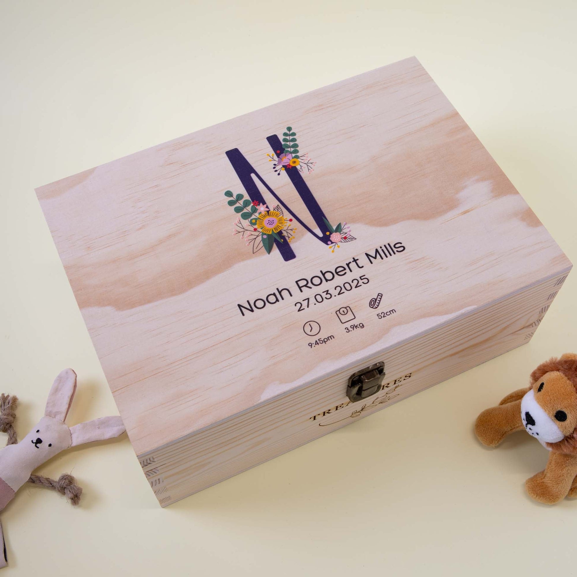 Personalized Wooden Baby Keepsake Box, Floral Initial - Personalised Keepsake Box - Younique Gifts Melbourne