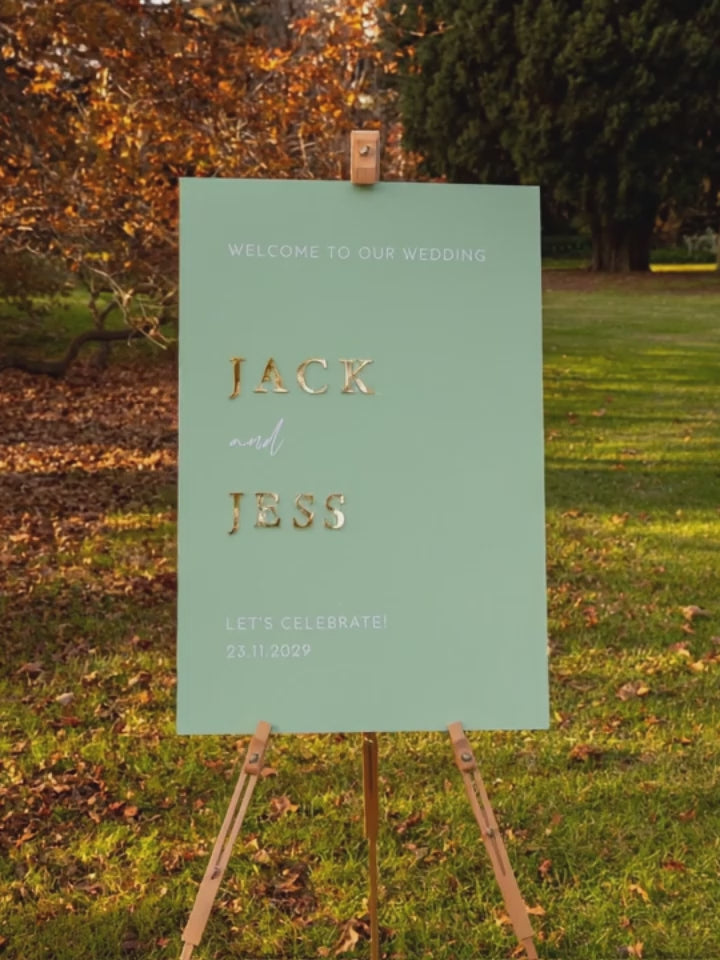 Younique Gifts - Sage Green Acrylic Wedding Sign with 3D Gold Names & White Details - Personalised welcome sign - Younique Gifts Melbourne