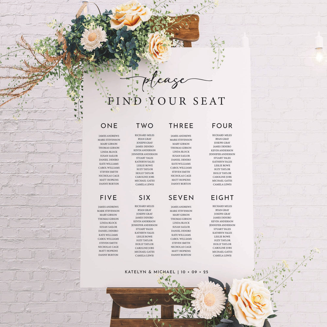 personalised wedding party welcome board says please find your seat