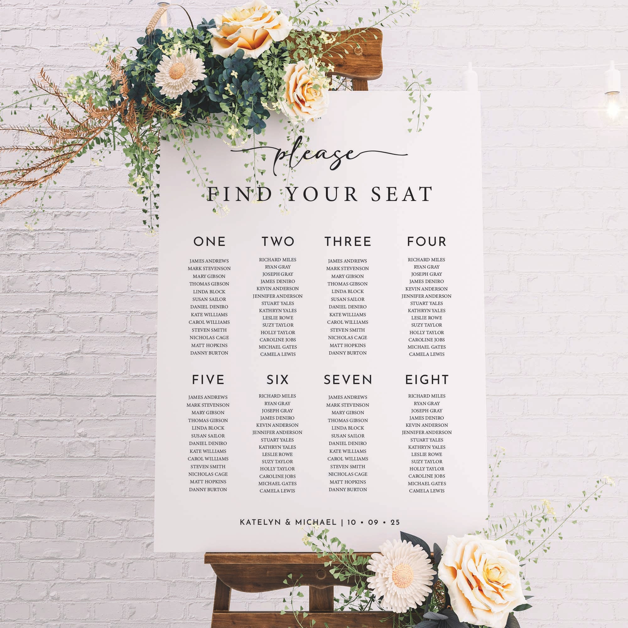 personalised wedding party welcome board says please find your seat