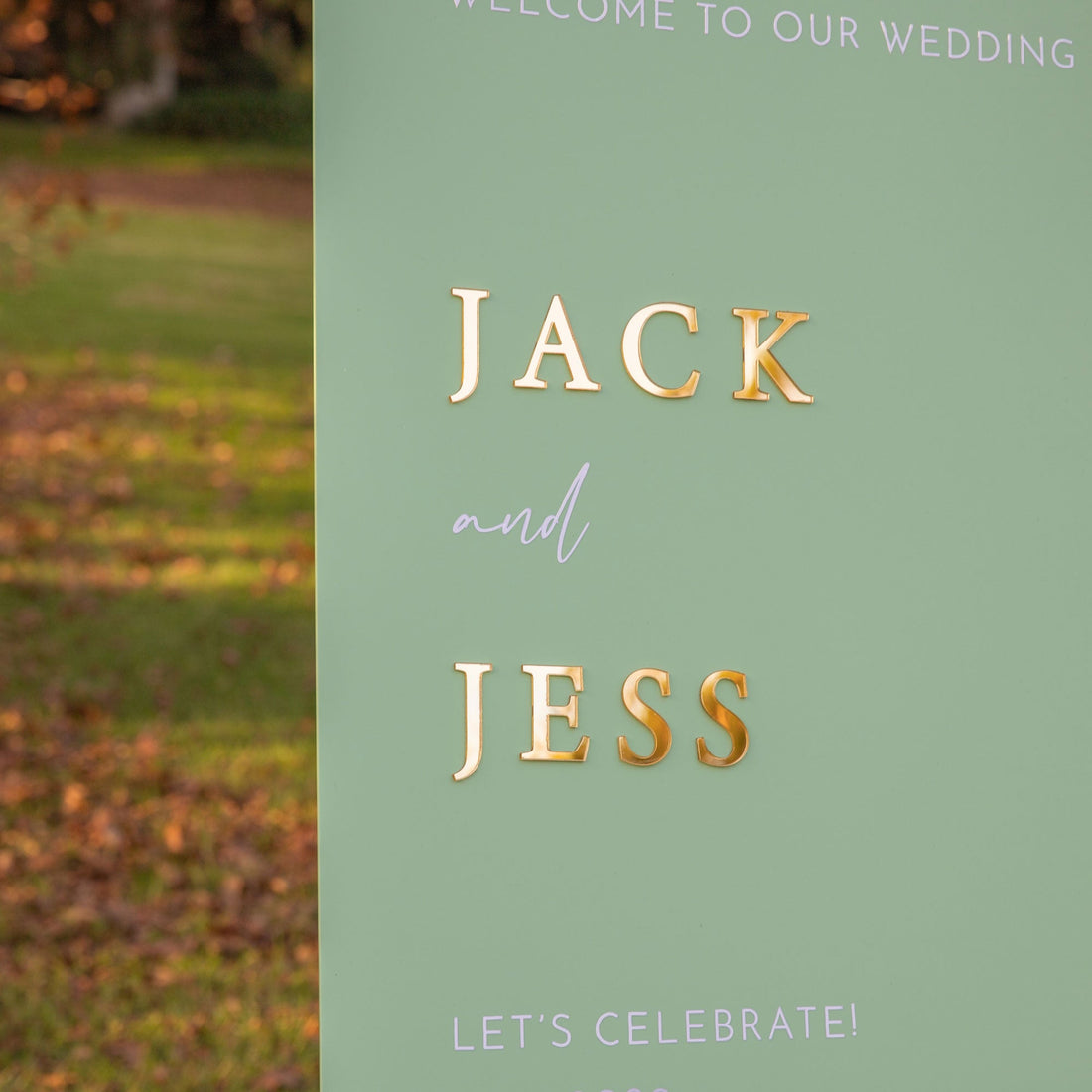 Younique Gifts - Sage Green Acrylic Wedding Sign with 3D Gold Names & White Details - Younique Gifts