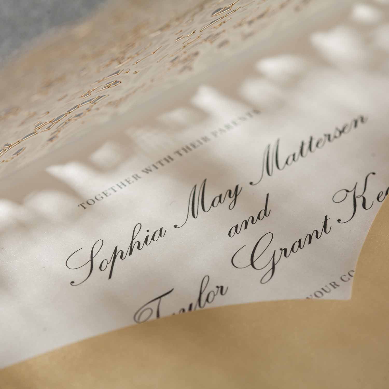 enlarged name of personalised laser cut wedding invitation