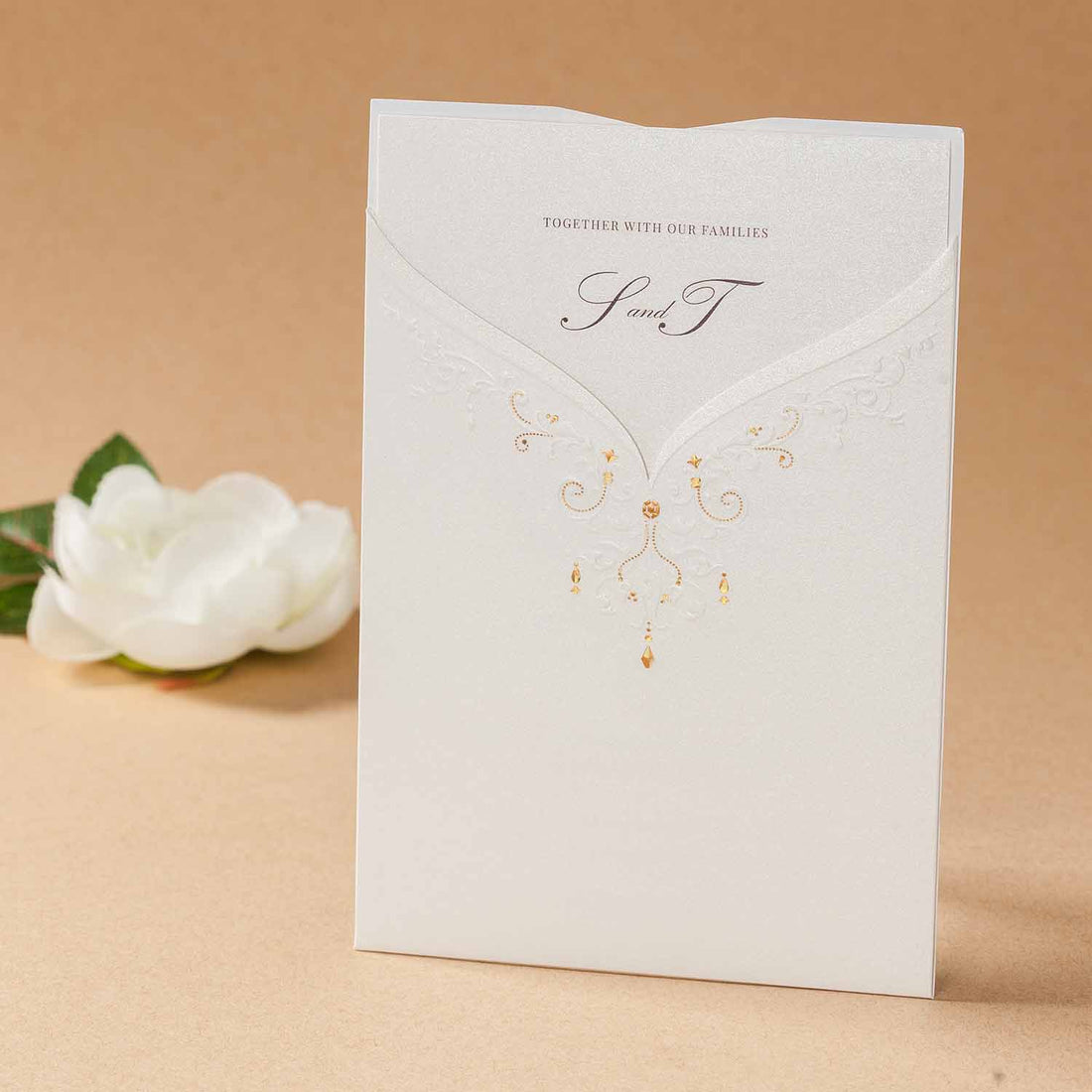 Wedding invitation, front has a wedding dress and tuxedo design on the back