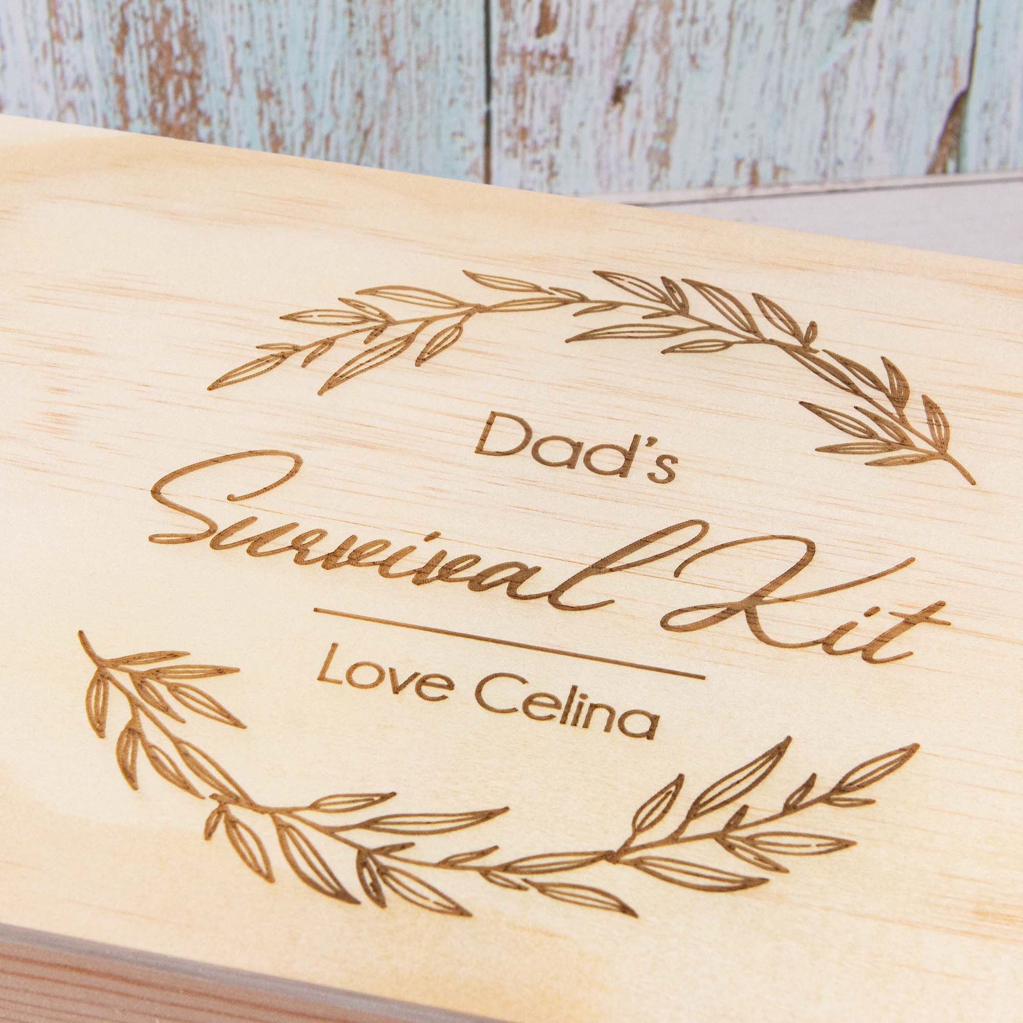 Personalised Wooden Keepsake box, Father's day Dad's survival kit
