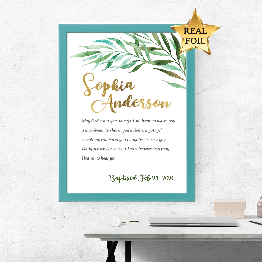 personalised baptism gift with blue frame