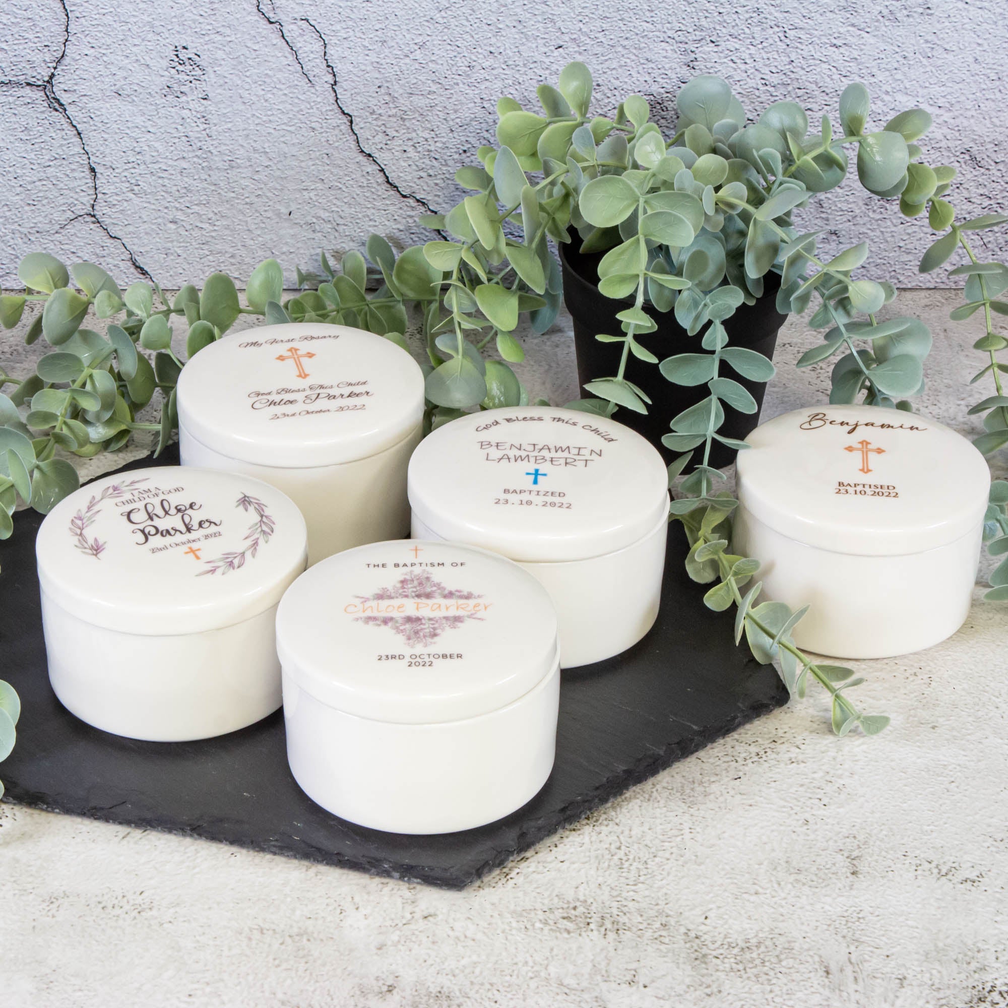 Personalised Round Keepsake box - Christening Gift, Baptism Gift, First Communion Gift, Confirmation day Gift. Jewelry box, Cross Necklace