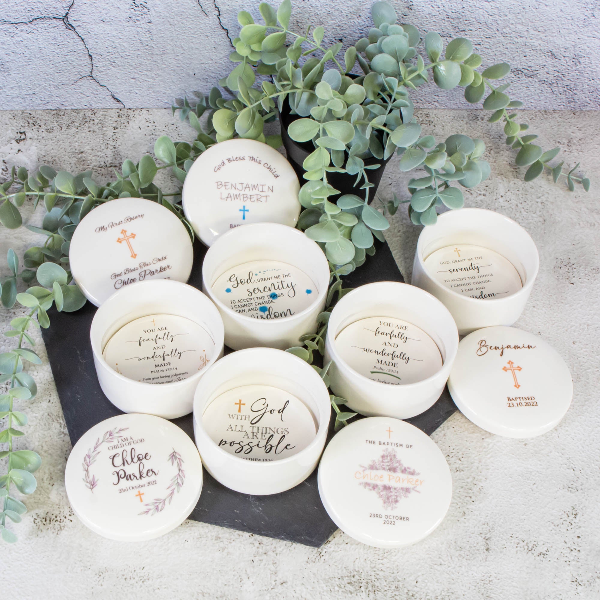 Personalised Round Keepsake box - Christening Gift, Baptism Gift, First Communion Gift, Confirmation day Gift. Jewelry box, Cross Necklace