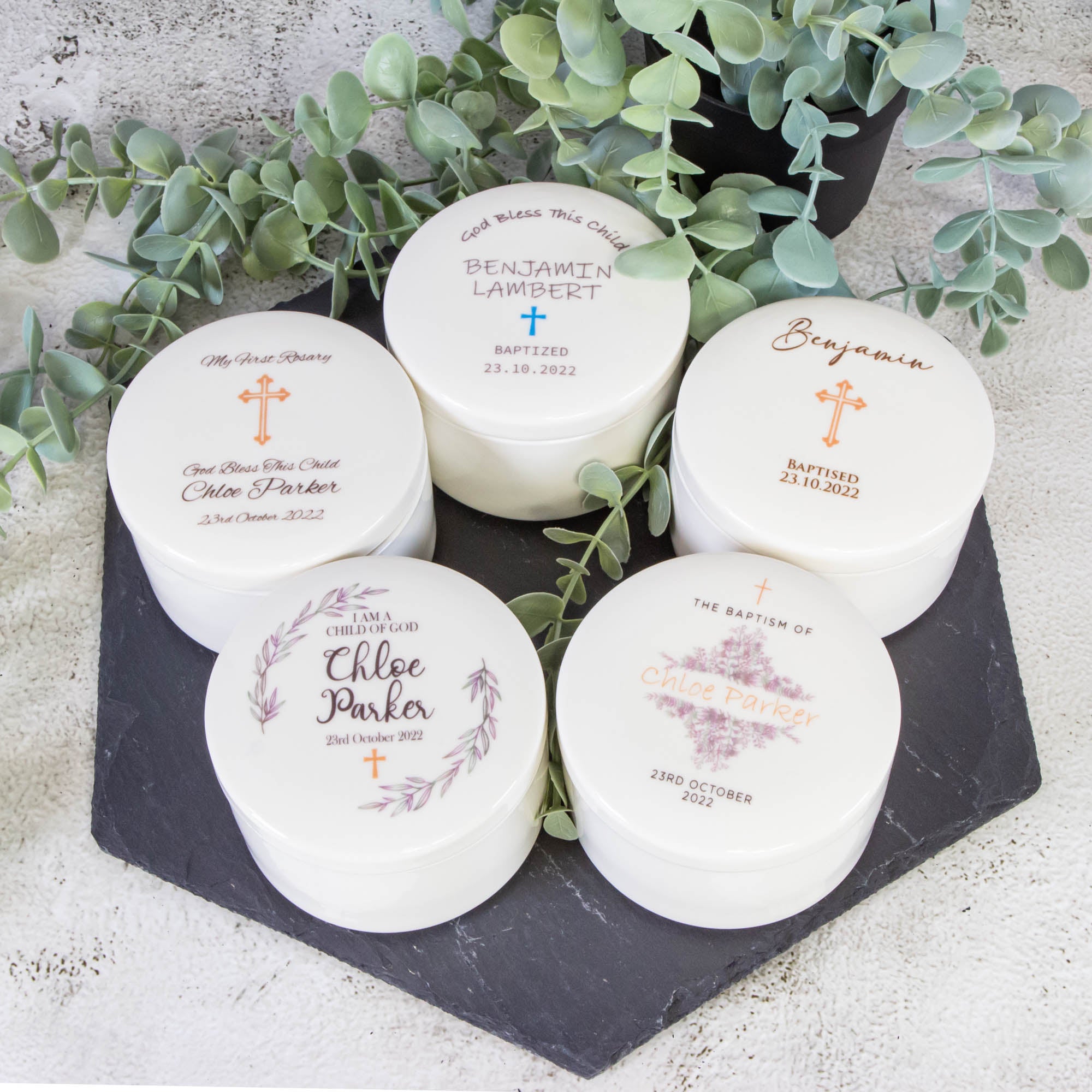 Personalised Round Keepsake box - Christening Gift, Baptism Gift, First Communion Gift, Confirmation day Gift. Jewelry box, Cross Necklace