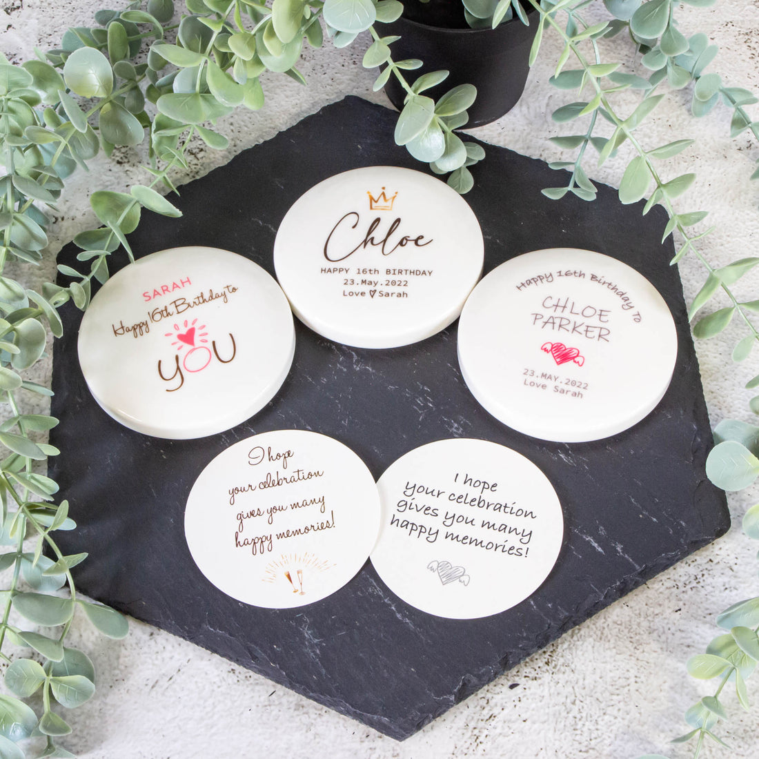 White ceramic earthenware jewellery boxes with personalised texts on them