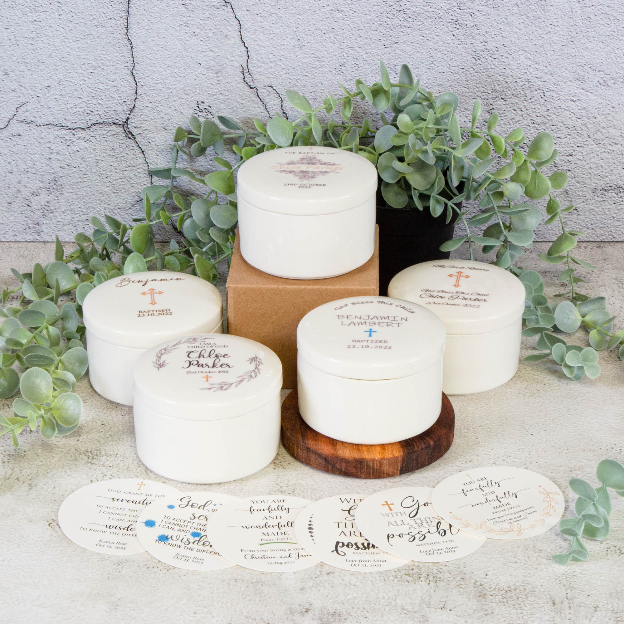 Personalised Round Keepsake box - Christening Gift, Baptism Gift, First Communion Gift, Confirmation day Gift. Jewelry box, Cross Necklace