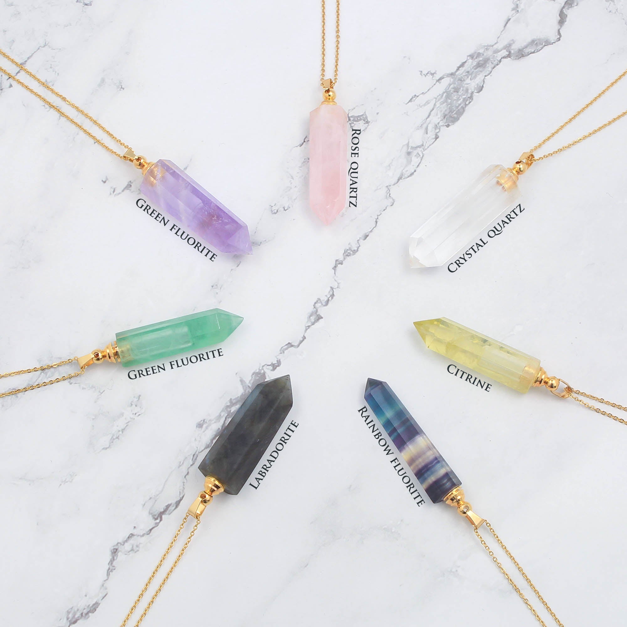 Natural Gemstone Perfume Bottle Necklace, Essential Oil Bottle