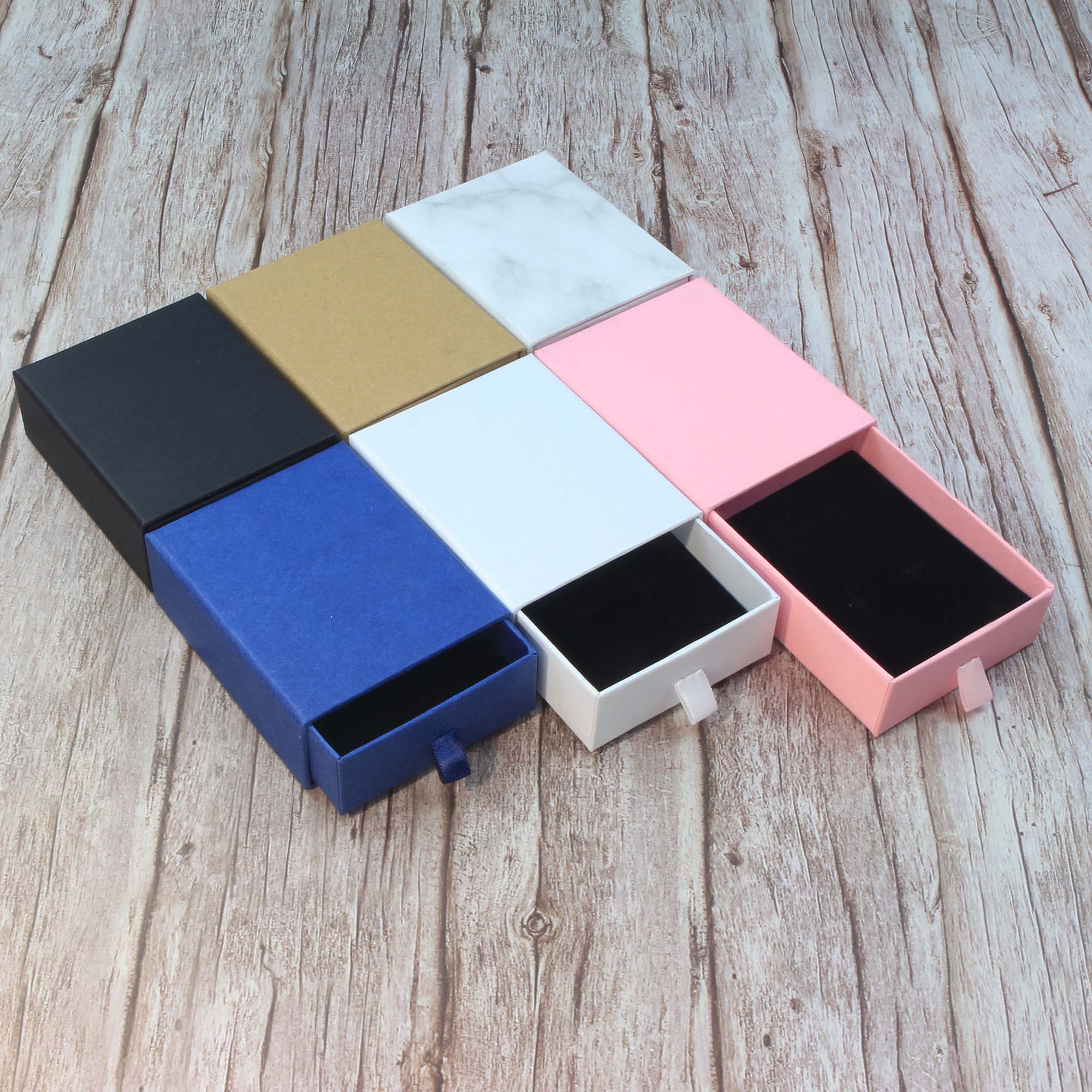 Jewellery Gift Box(9x7.3x3cm) Cardboard Drawer, Black, White, Marble, Blue, Pink, Kraft