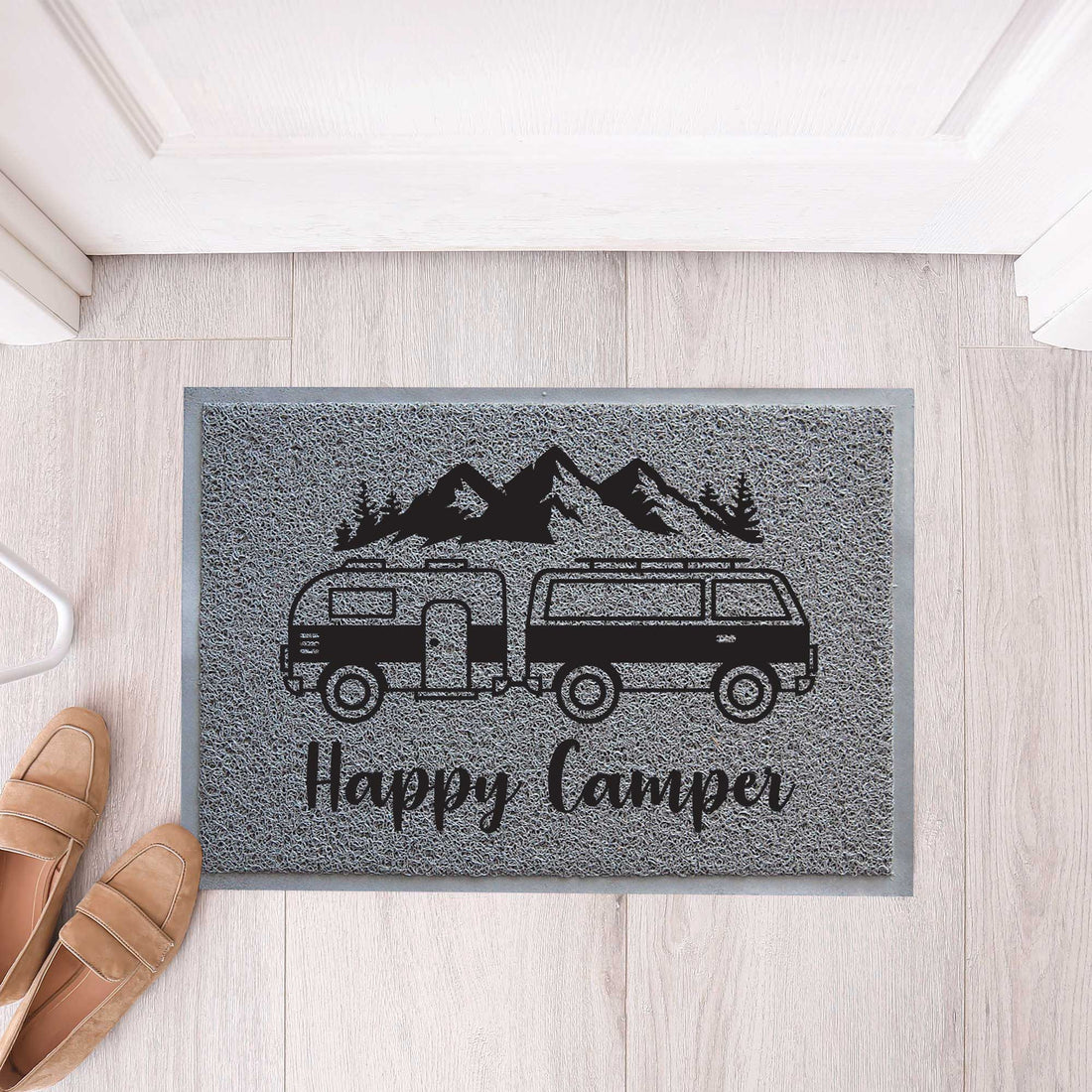 Personalised Custom Coil in Grey Colour, Happy Camper & Caravan Door Mat